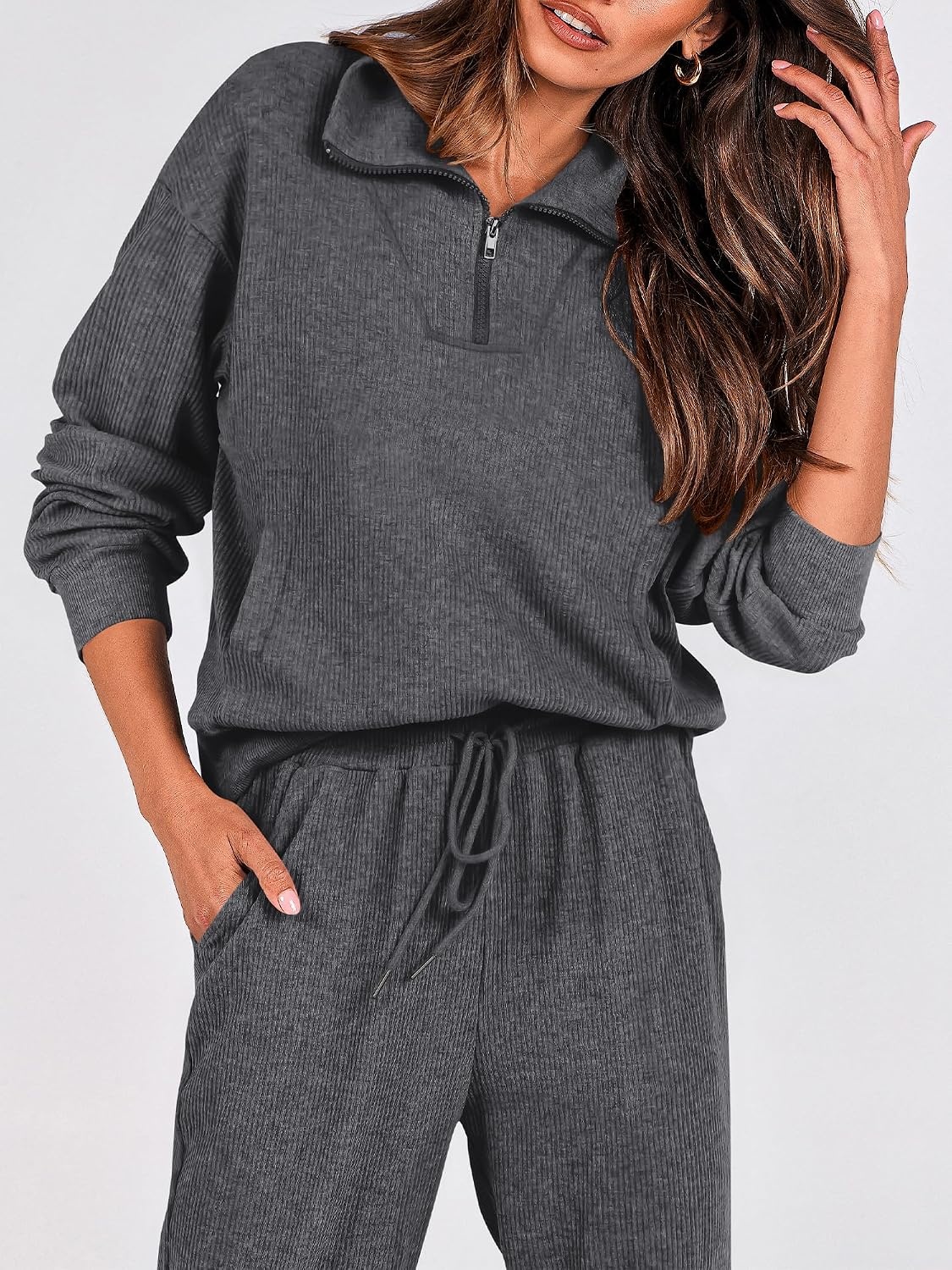 image:imageBTFBM Womens 2 Piece Tracksuit Fall Outfits 2026 Long Sleeve Half Zip Sweatshirt Sweatpants Lounge Set SweatsuitsSolid Dark Grey