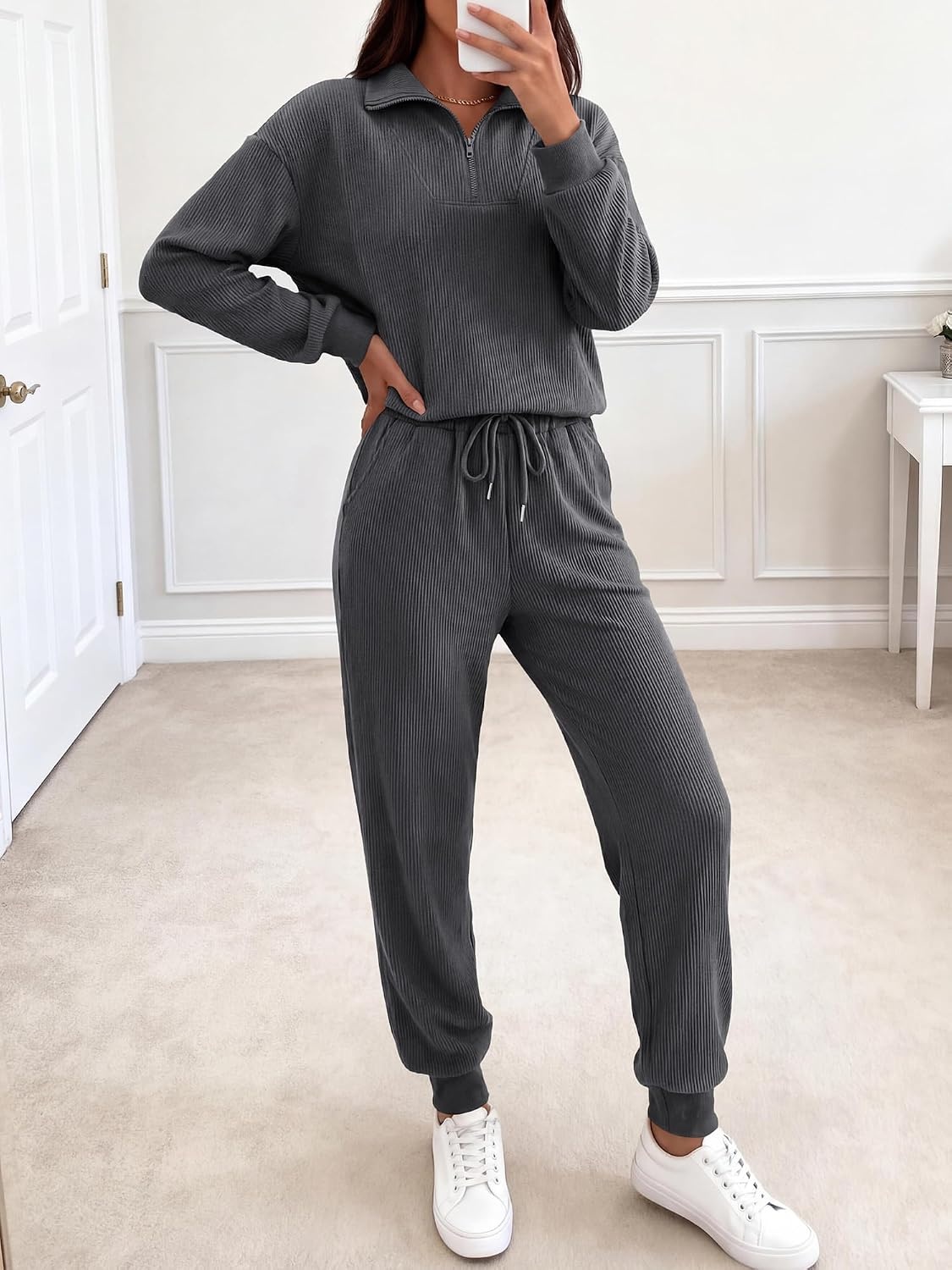 image:imageBTFBM Womens 2 Piece Tracksuit Fall Outfits 2026 Long Sleeve Half Zip Sweatshirt Sweatpants Lounge Set SweatsuitsSolid Dark Grey