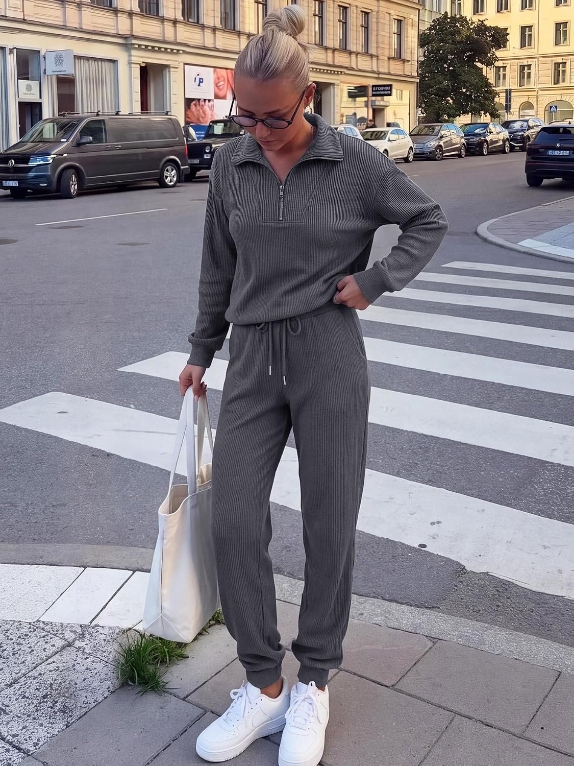 image:imageBTFBM Womens 2 Piece Tracksuit Fall Outfits 2026 Long Sleeve Half Zip Sweatshirt Sweatpants Lounge Set SweatsuitsSolid Dark Grey