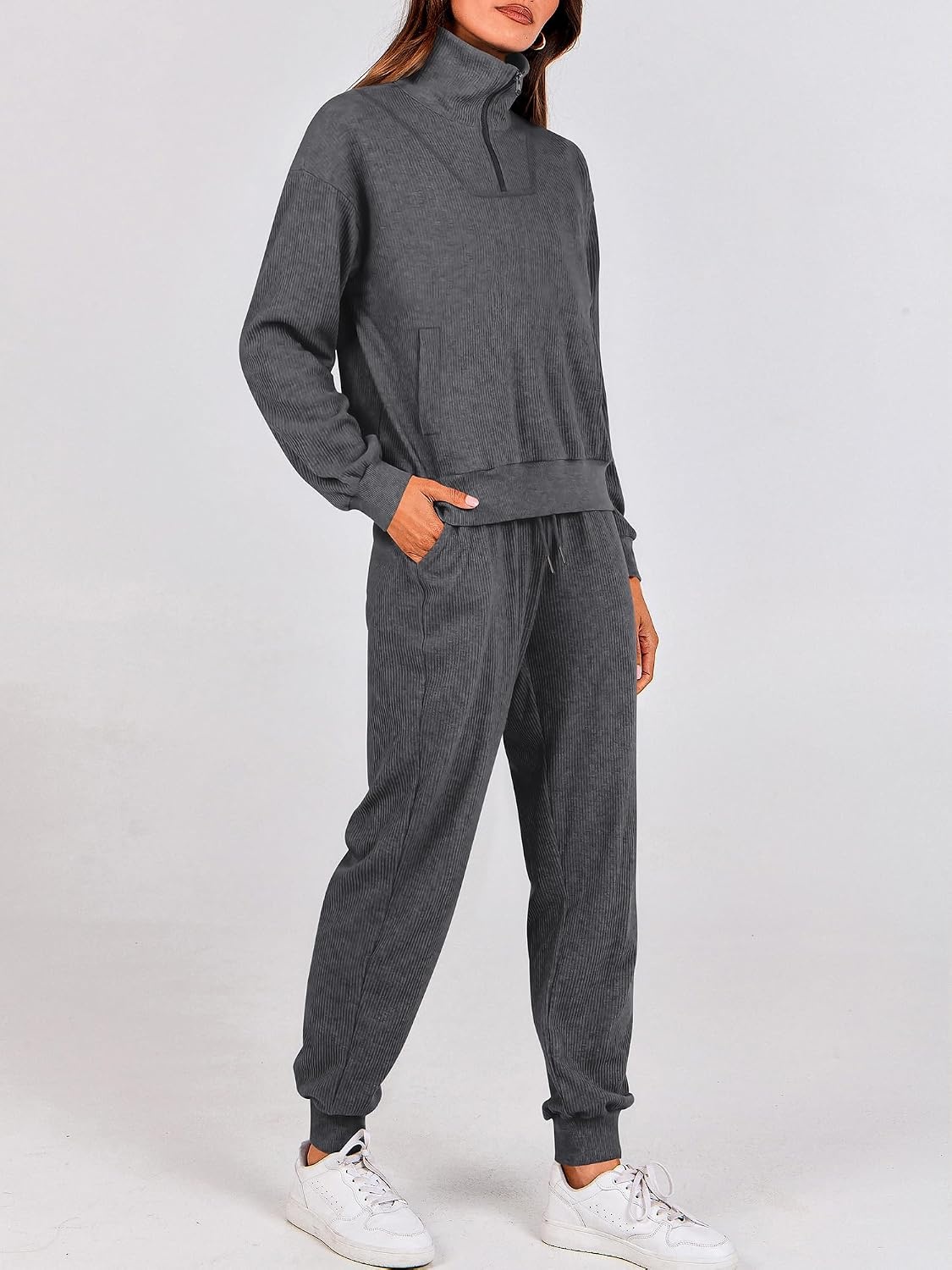 image:imageBTFBM Womens 2 Piece Tracksuit Fall Outfits 2026 Long Sleeve Half Zip Sweatshirt Sweatpants Lounge Set SweatsuitsSolid Dark Grey