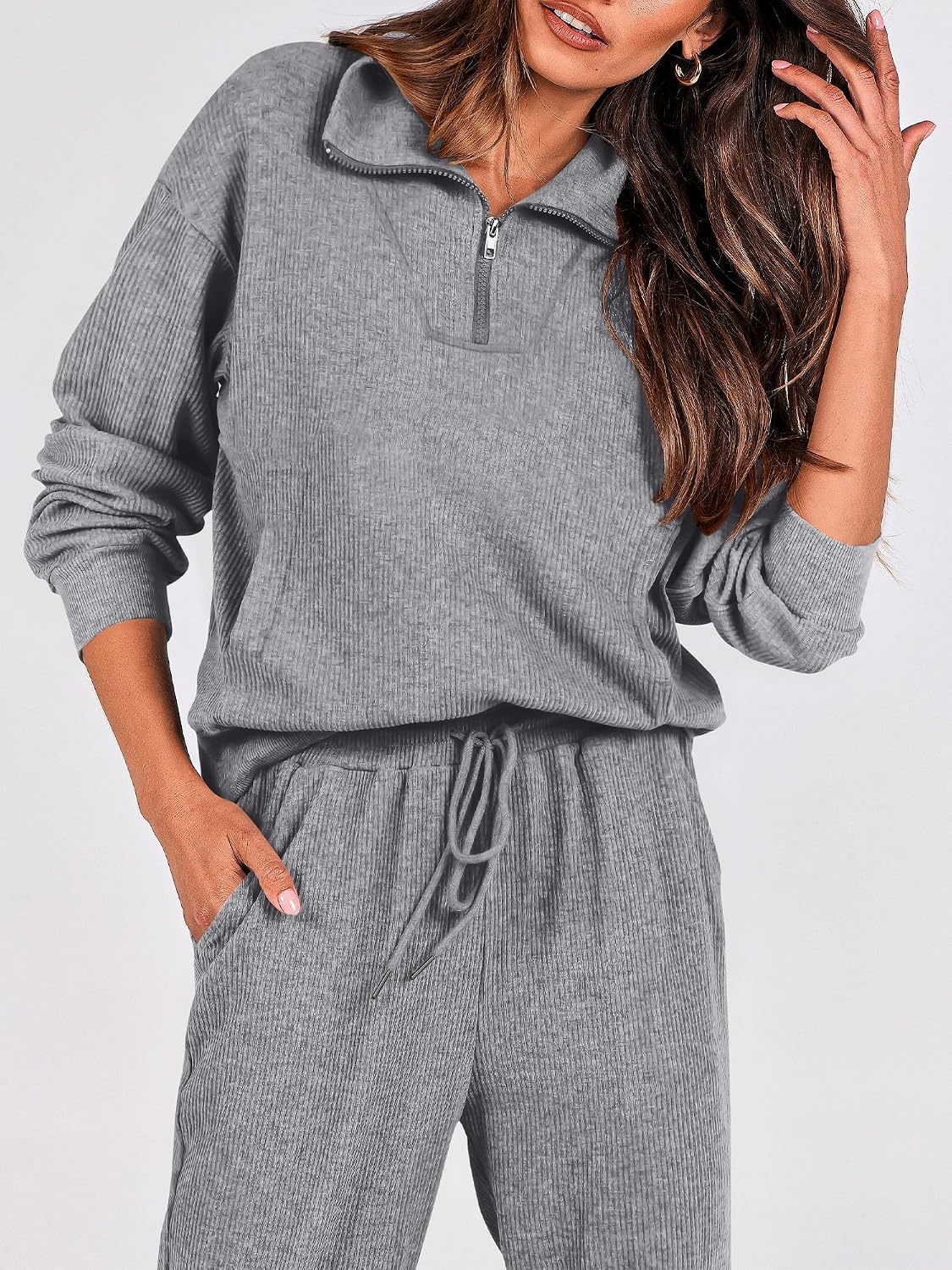 image:imageBTFBM Womens 2 Piece Tracksuit Fall Outfits 2026 Long Sleeve Half Zip Sweatshirt Sweatpants Lounge Set SweatsuitsSolid Grey