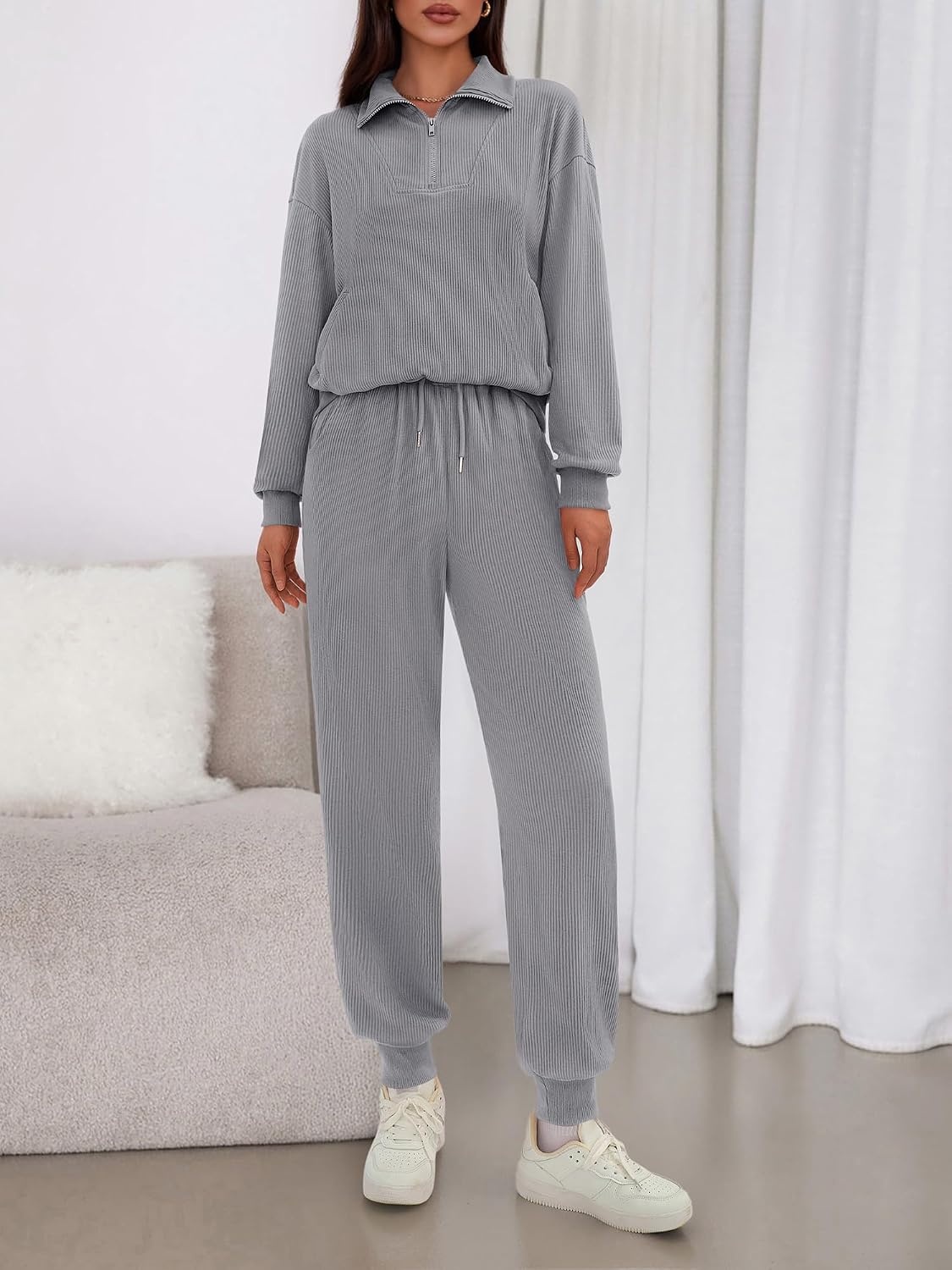 image:imageBTFBM Womens 2 Piece Tracksuit Fall Outfits 2026 Long Sleeve Half Zip Sweatshirt Sweatpants Lounge Set SweatsuitsSolid Grey