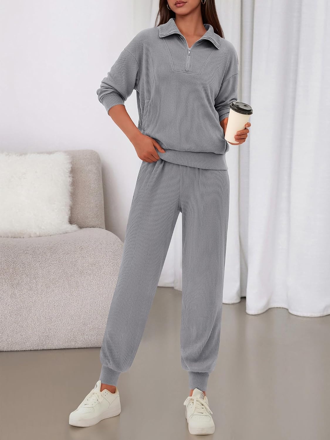 image:imageBTFBM Womens 2 Piece Tracksuit Fall Outfits 2026 Long Sleeve Half Zip Sweatshirt Sweatpants Lounge Set SweatsuitsSolid Grey
