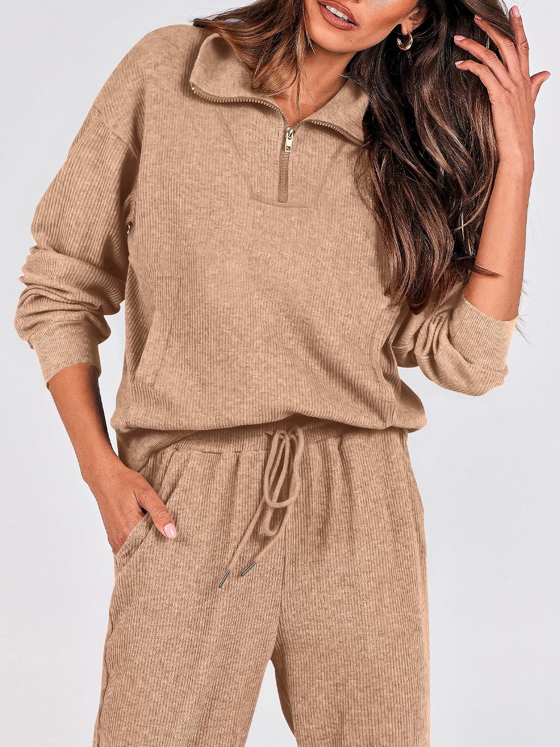 image:imageBTFBM Womens 2 Piece Tracksuit Fall Outfits 2026 Long Sleeve Half Zip Sweatshirt Sweatpants Lounge Set SweatsuitsSolid Khaki