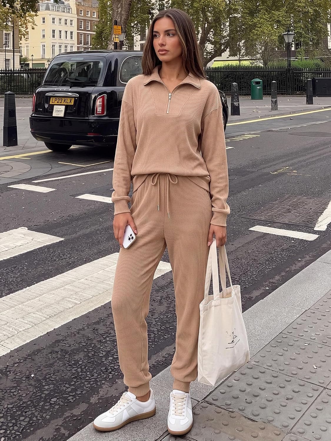 image:imageBTFBM Womens 2 Piece Tracksuit Fall Outfits 2026 Long Sleeve Half Zip Sweatshirt Sweatpants Lounge Set SweatsuitsSolid Khaki
