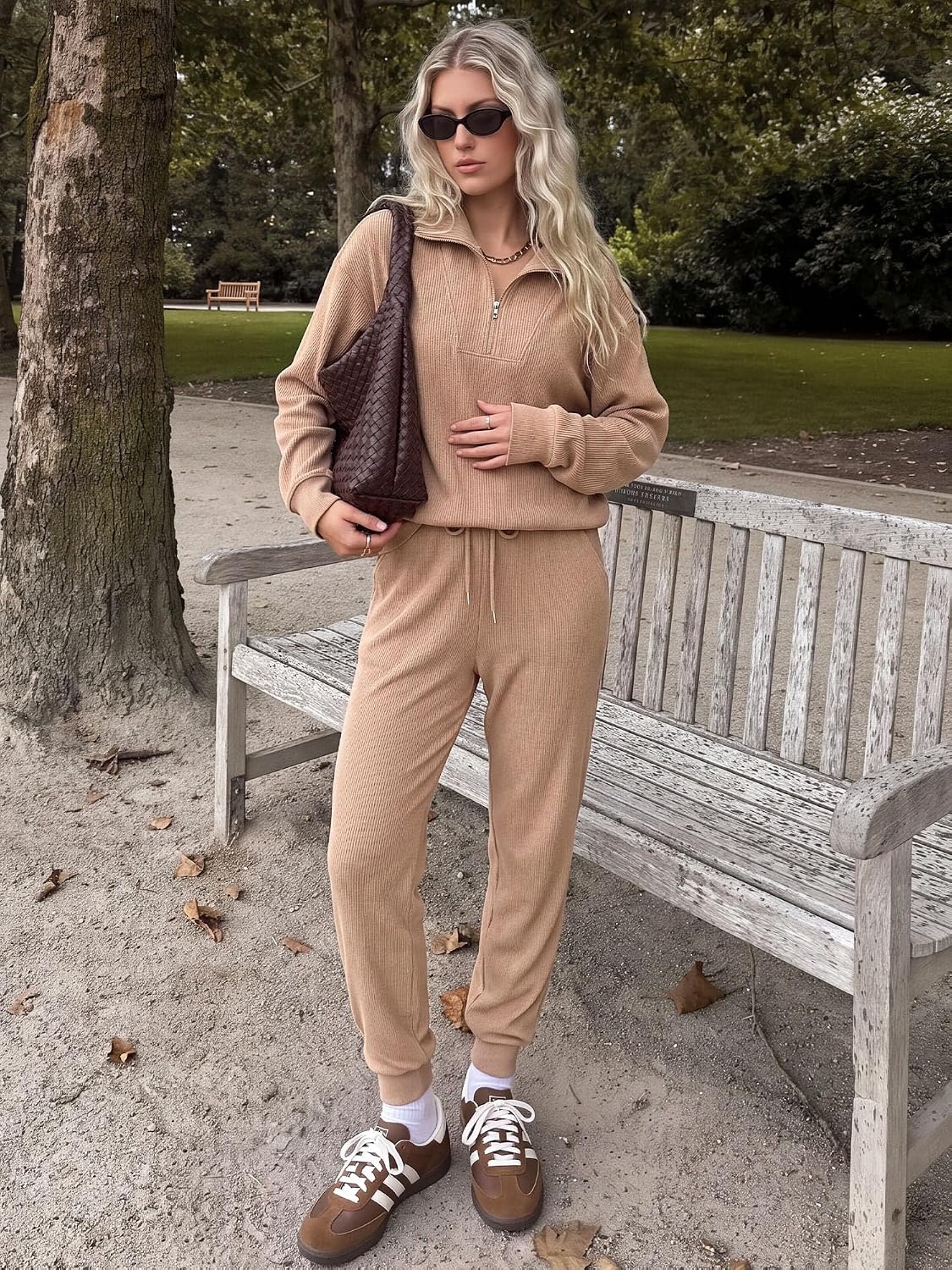 image:imageBTFBM Womens 2 Piece Tracksuit Fall Outfits 2026 Long Sleeve Half Zip Sweatshirt Sweatpants Lounge Set SweatsuitsSolid Khaki