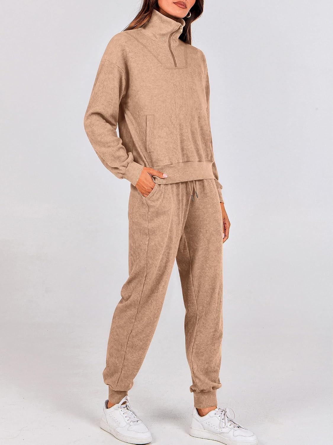 image:imageBTFBM Womens 2 Piece Tracksuit Fall Outfits 2026 Long Sleeve Half Zip Sweatshirt Sweatpants Lounge Set SweatsuitsSolid Khaki