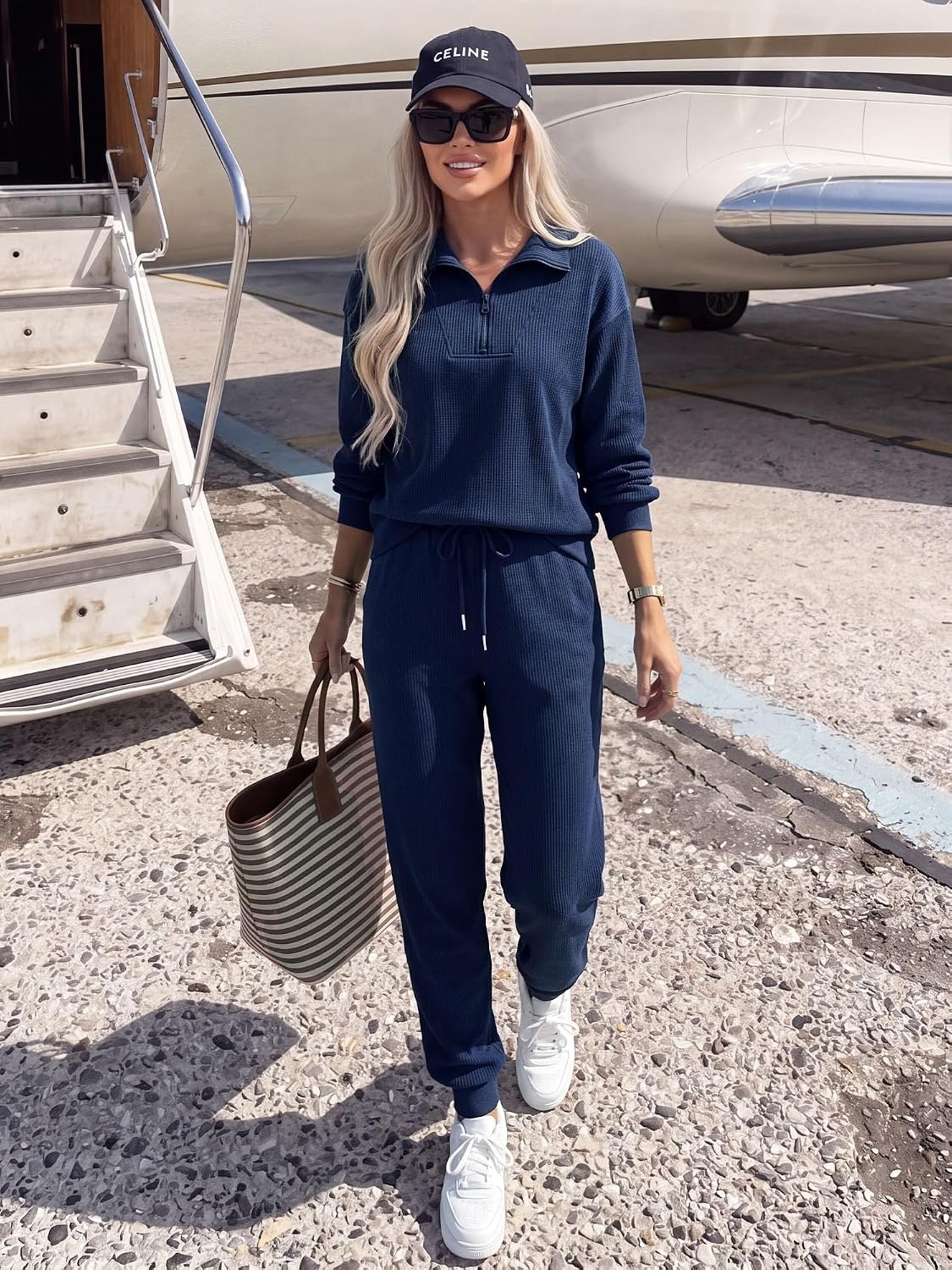 image:imageBTFBM Womens 2 Piece Tracksuit Fall Outfits 2026 Long Sleeve Half Zip Sweatshirt Sweatpants Lounge Set SweatsuitsSolid Navy