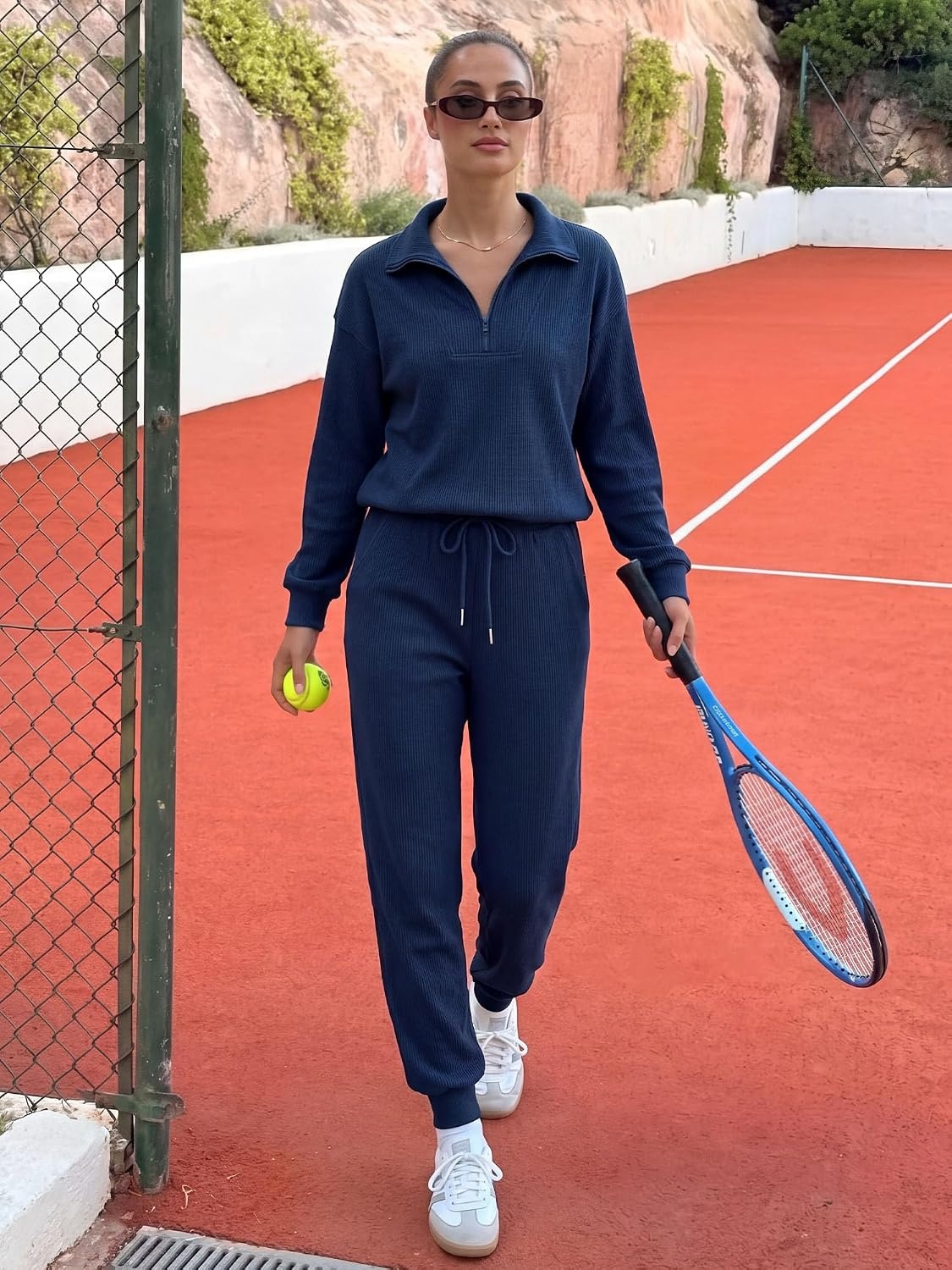 image:imageBTFBM Womens 2 Piece Tracksuit Fall Outfits 2026 Long Sleeve Half Zip Sweatshirt Sweatpants Lounge Set SweatsuitsSolid Navy