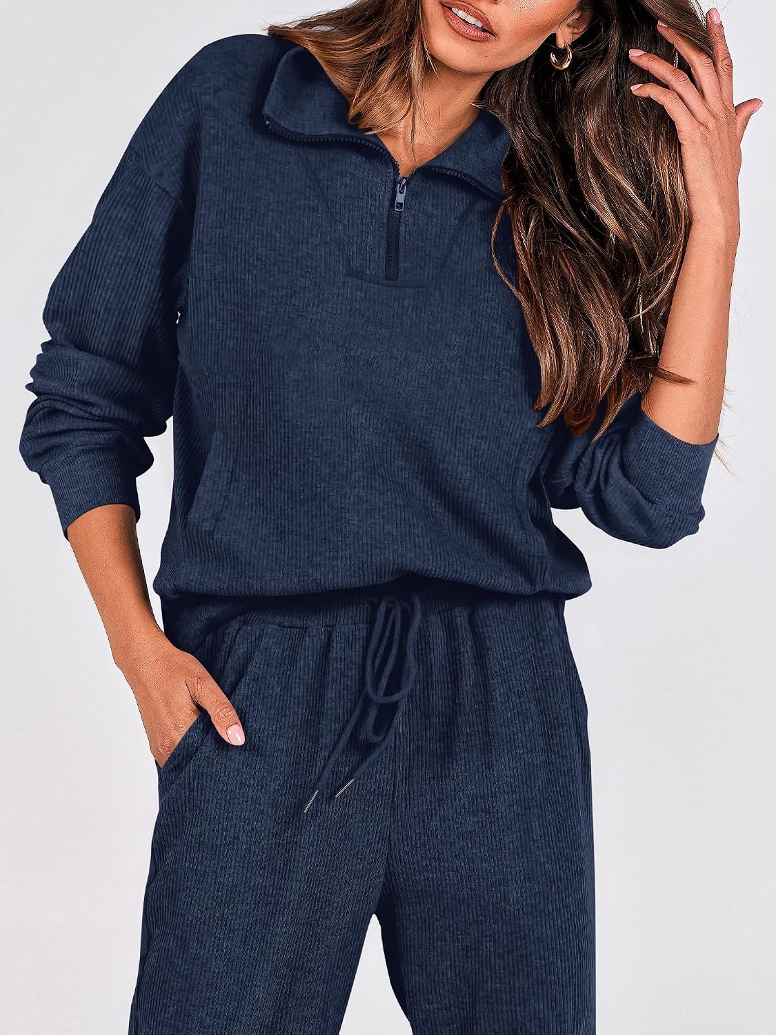 image:imageBTFBM Womens 2 Piece Tracksuit Fall Outfits 2026 Long Sleeve Half Zip Sweatshirt Sweatpants Lounge Set SweatsuitsSolid Navy
