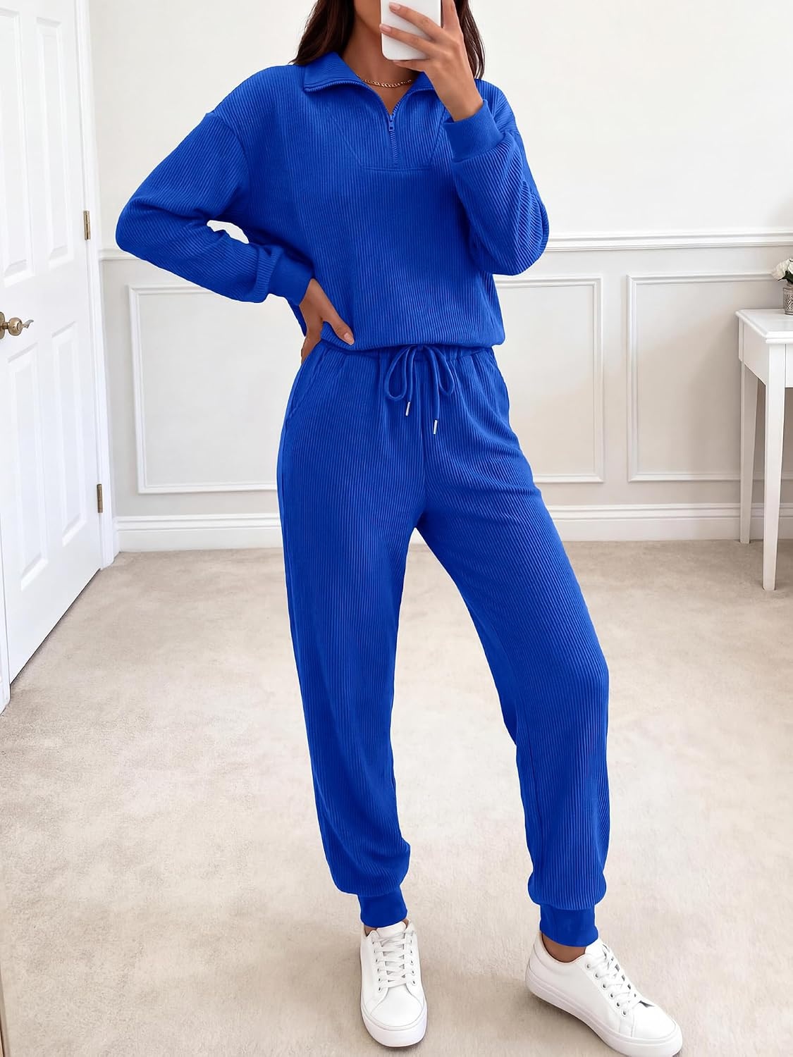 image:imageBTFBM Womens 2 Piece Tracksuit Fall Outfits 2026 Long Sleeve Half Zip Sweatshirt Sweatpants Lounge Set SweatsuitsSolid Royal Blue