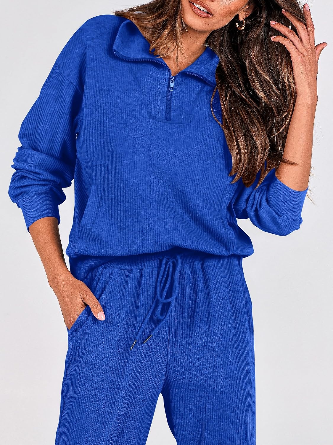 image:imageBTFBM Womens 2 Piece Tracksuit Fall Outfits 2026 Long Sleeve Half Zip Sweatshirt Sweatpants Lounge Set SweatsuitsSolid Royal Blue