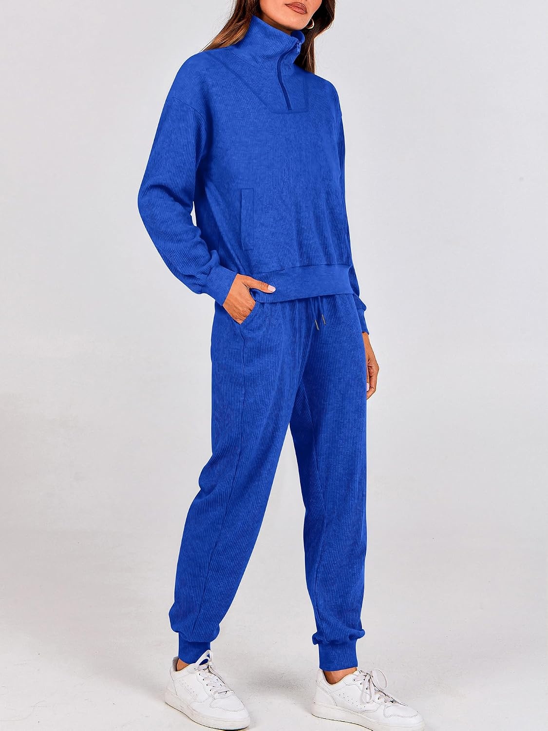 image:imageBTFBM Womens 2 Piece Tracksuit Fall Outfits 2026 Long Sleeve Half Zip Sweatshirt Sweatpants Lounge Set SweatsuitsSolid Royal Blue