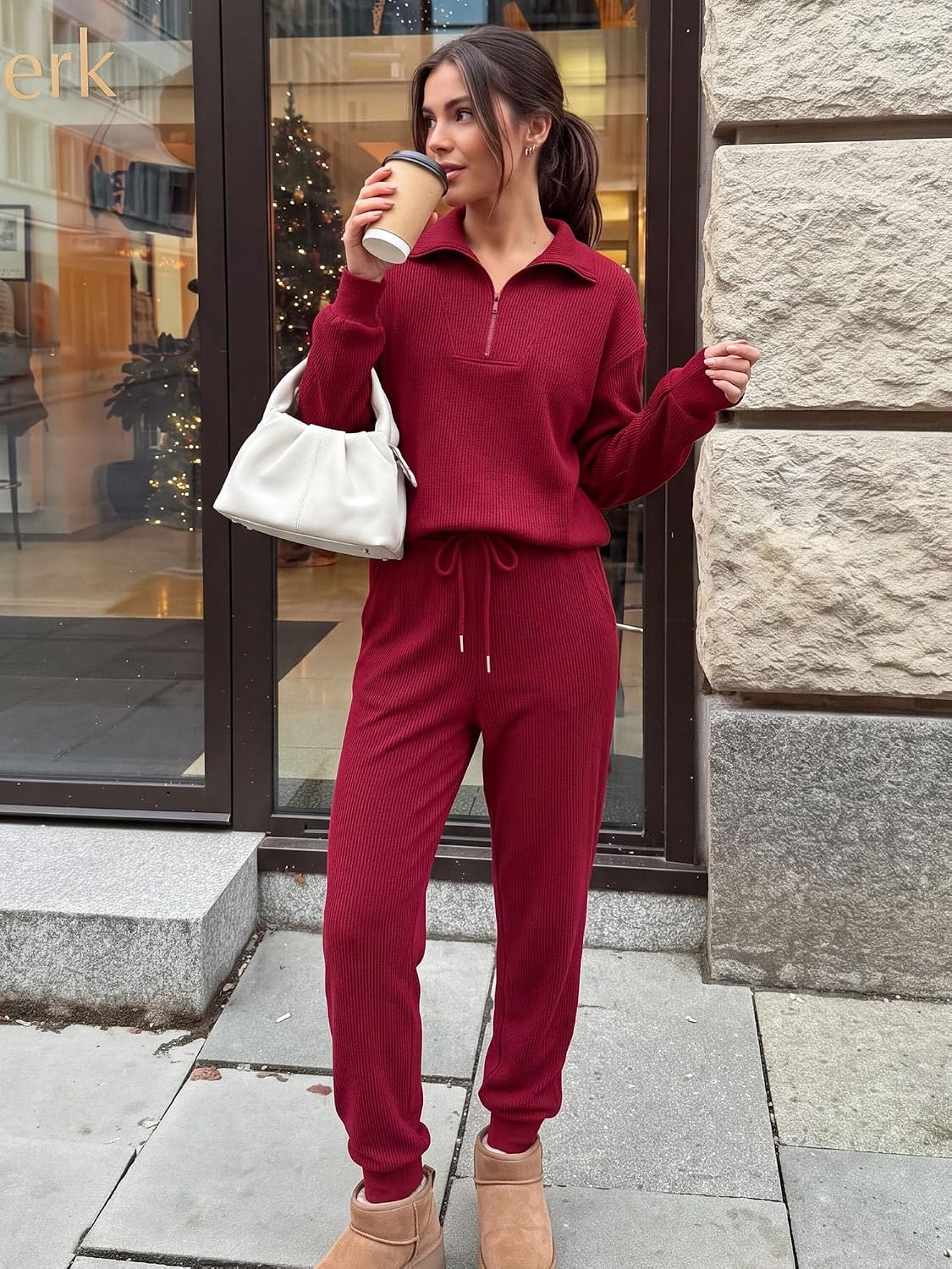 image:imageBTFBM Womens 2 Piece Tracksuit Fall Outfits 2026 Long Sleeve Half Zip Sweatshirt Sweatpants Lounge Set SweatsuitsSolid Wine Red