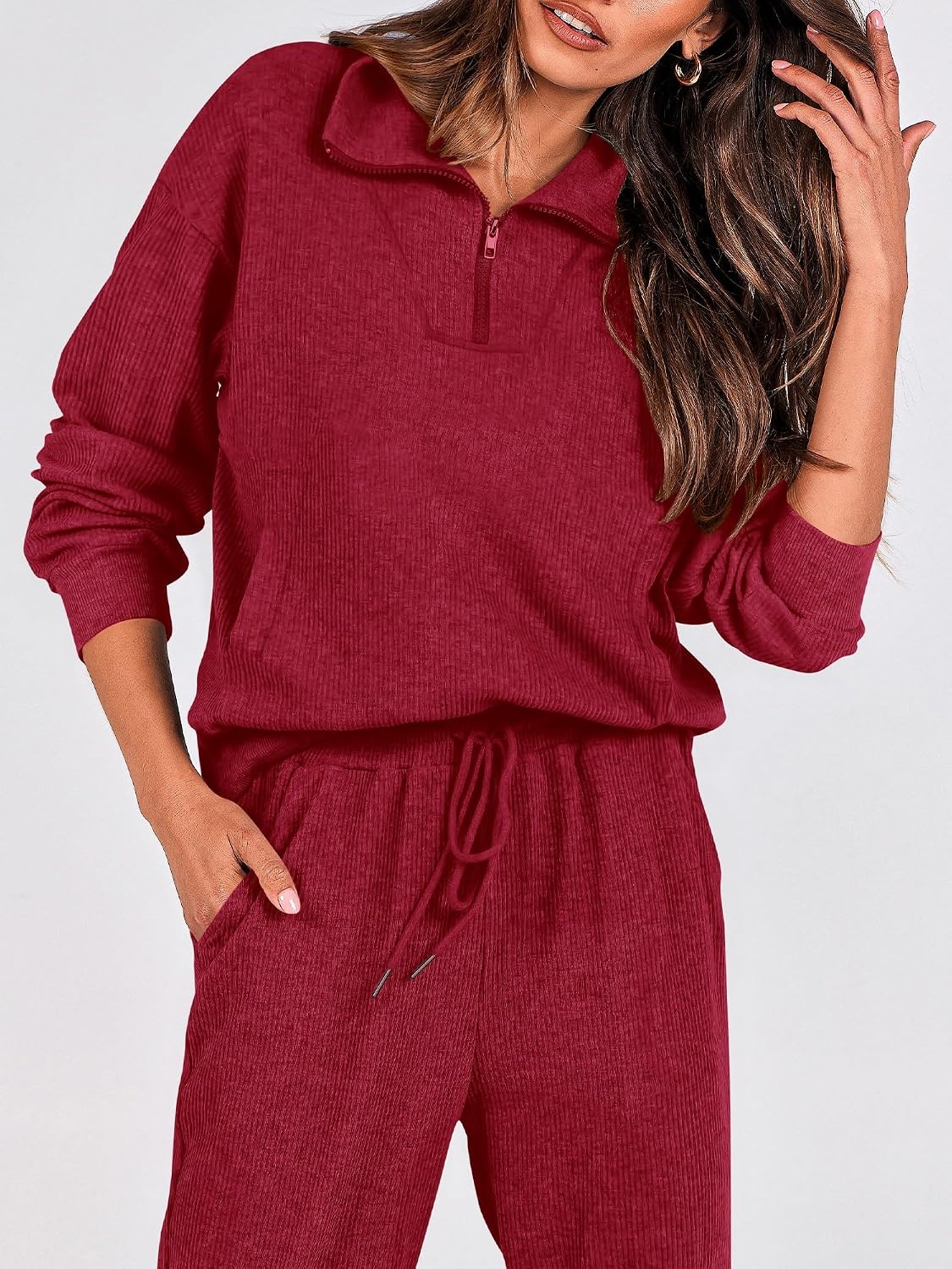 image:imageBTFBM Womens 2 Piece Tracksuit Fall Outfits 2026 Long Sleeve Half Zip Sweatshirt Sweatpants Lounge Set SweatsuitsSolid Wine Red