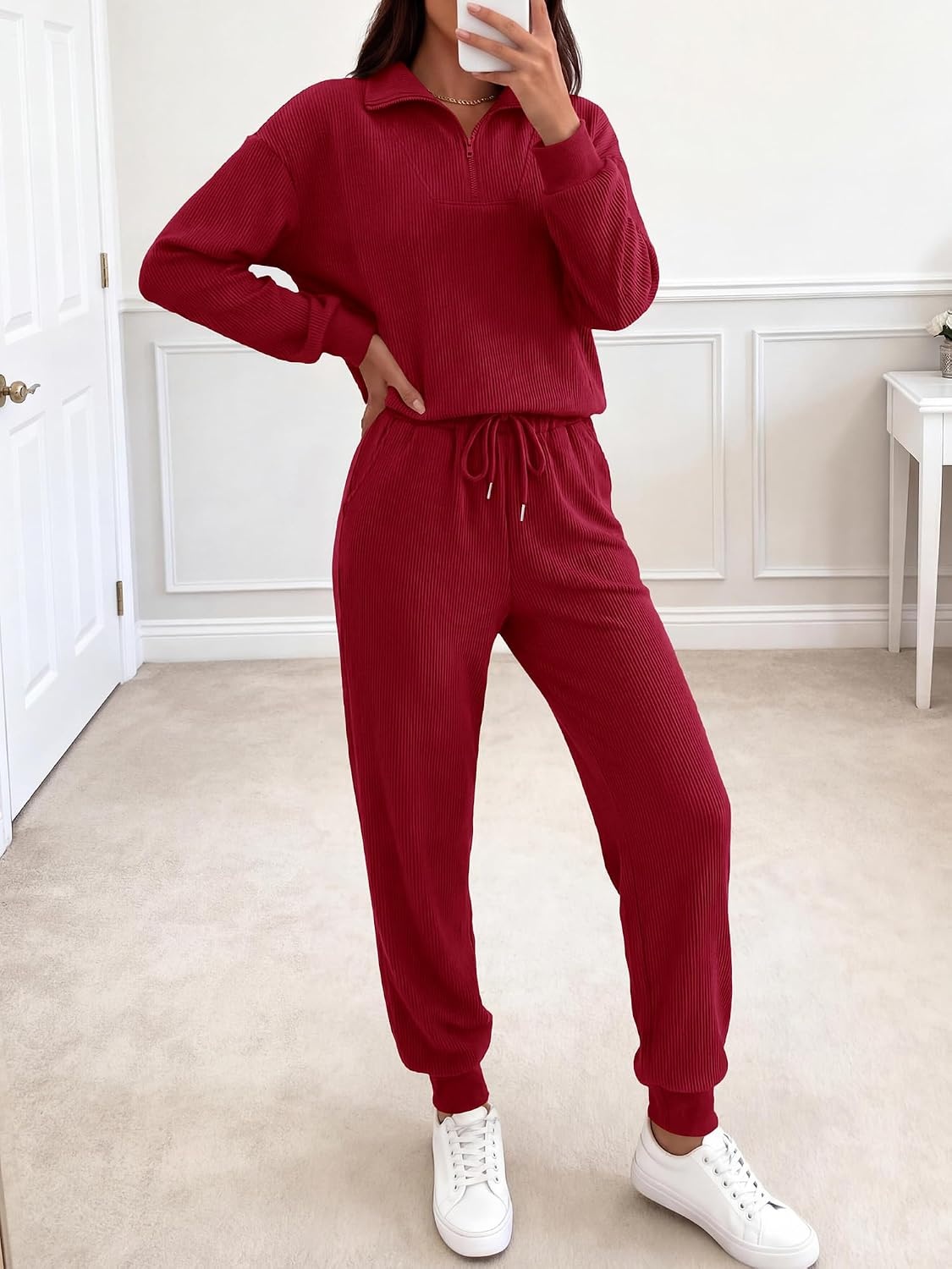 image:imageBTFBM Womens 2 Piece Tracksuit Fall Outfits 2026 Long Sleeve Half Zip Sweatshirt Sweatpants Lounge Set SweatsuitsSolid Wine Red