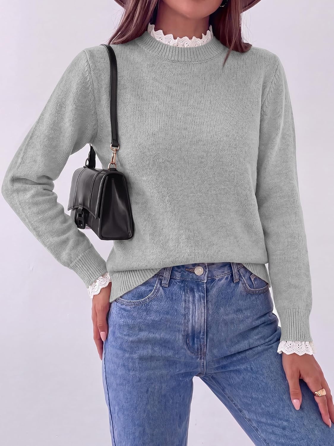 image:imageBTFBM Womens Sweaters Long Sleeve Crew Neck Lightweight Lace Sweater 2026 Fall Casual Loose Fit Solid Pullover Jumper TopsGrey