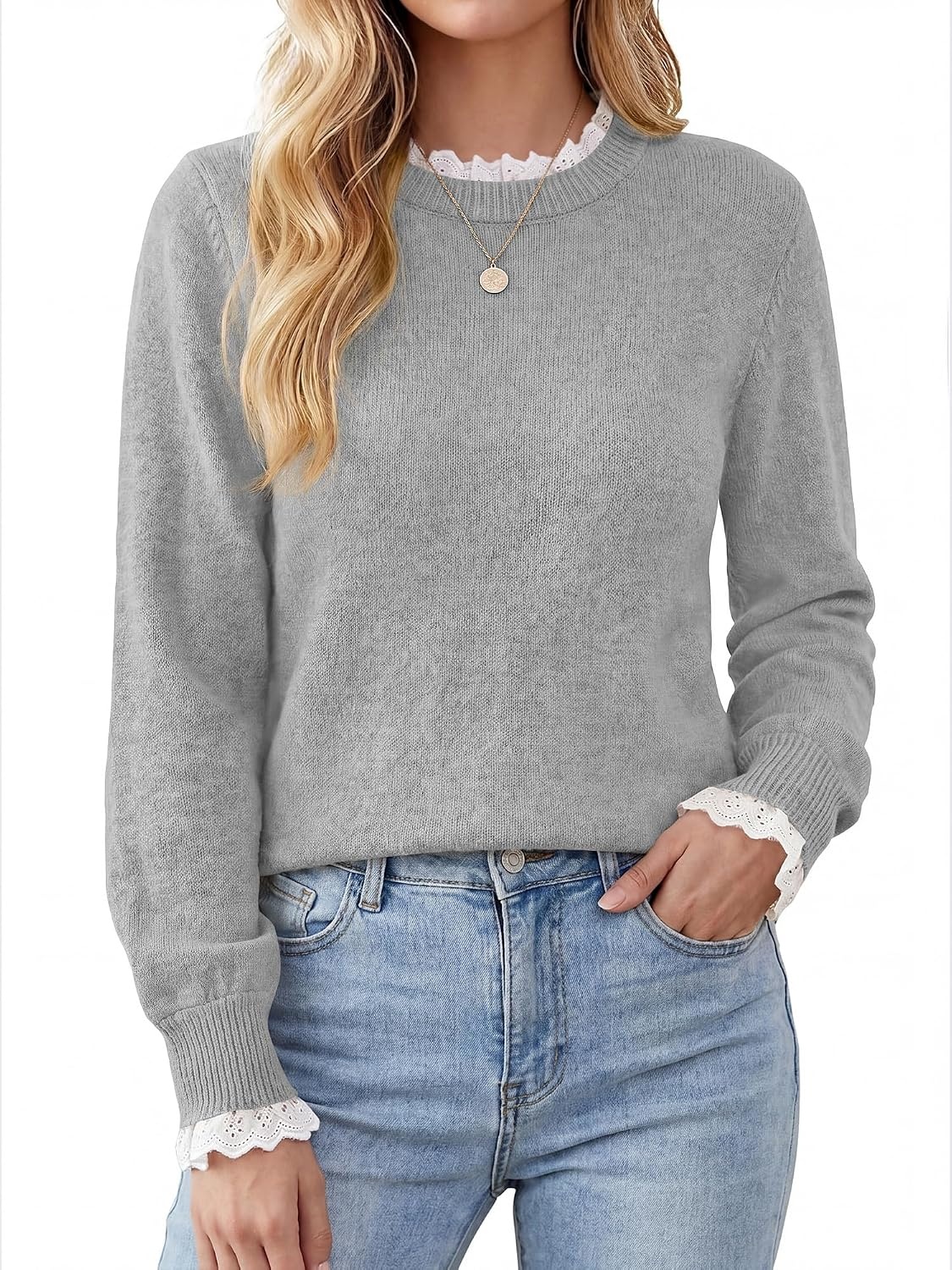 image:imageBTFBM Womens Sweaters Long Sleeve Crew Neck Lightweight Lace Sweater 2026 Fall Casual Loose Fit Solid Pullover Jumper TopsGrey