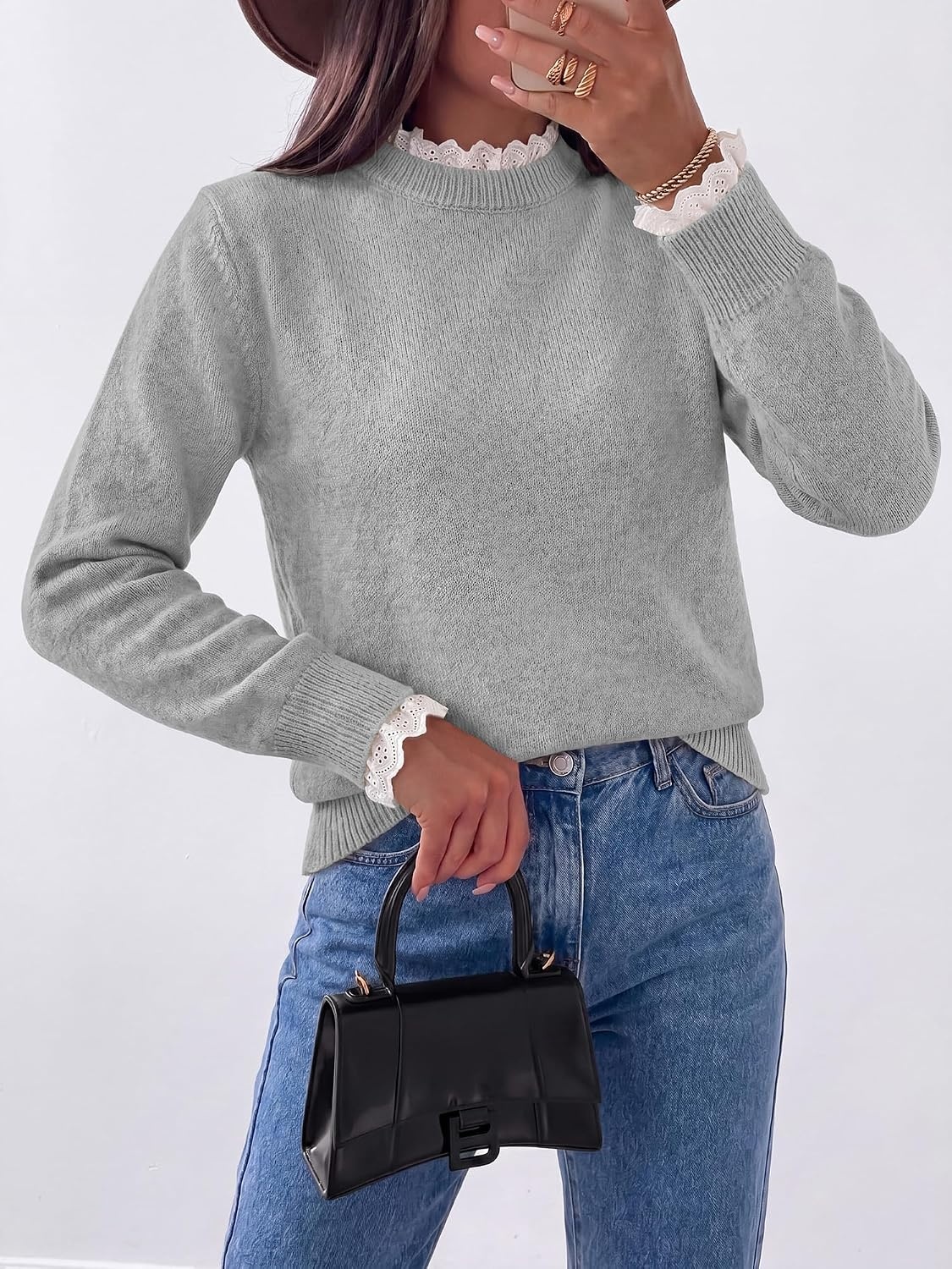 image:imageBTFBM Womens Sweaters Long Sleeve Crew Neck Lightweight Lace Sweater 2026 Fall Casual Loose Fit Solid Pullover Jumper TopsGrey