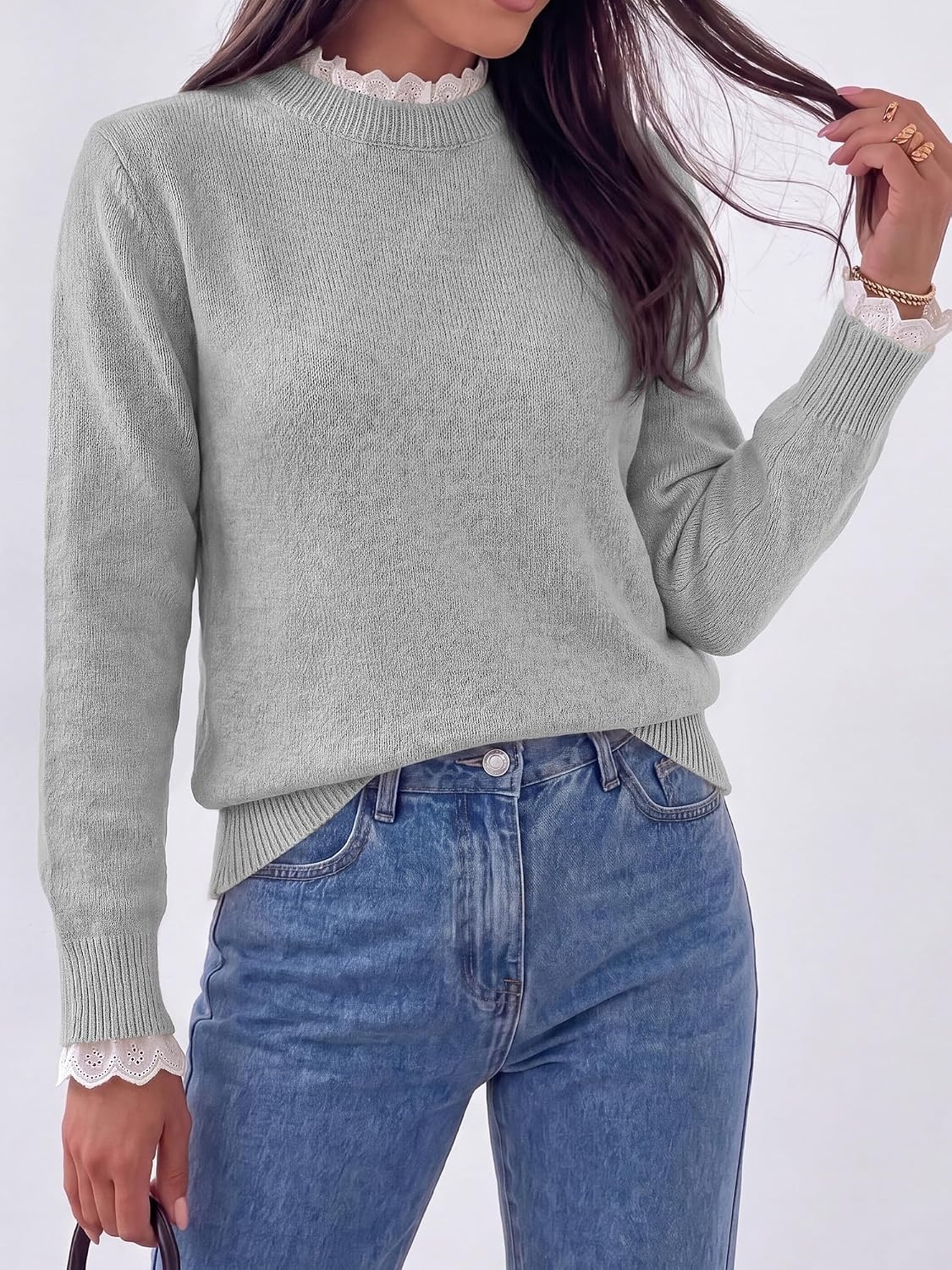 image:imageBTFBM Womens Sweaters Long Sleeve Crew Neck Lightweight Lace Sweater 2026 Fall Casual Loose Fit Solid Pullover Jumper TopsGrey