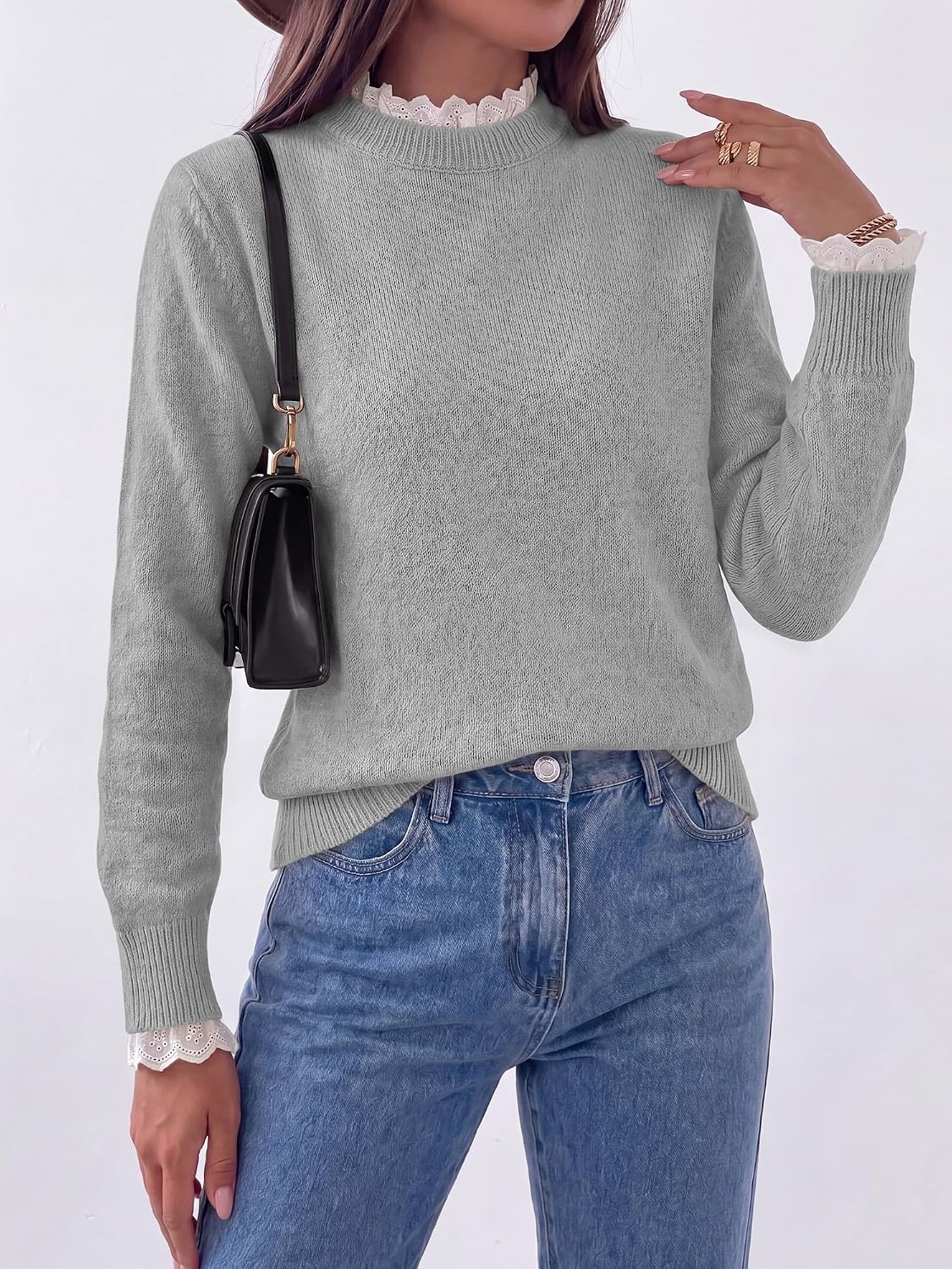 image:imageBTFBM Womens Sweaters Long Sleeve Crew Neck Lightweight Lace Sweater 2026 Fall Casual Loose Fit Solid Pullover Jumper TopsGrey
