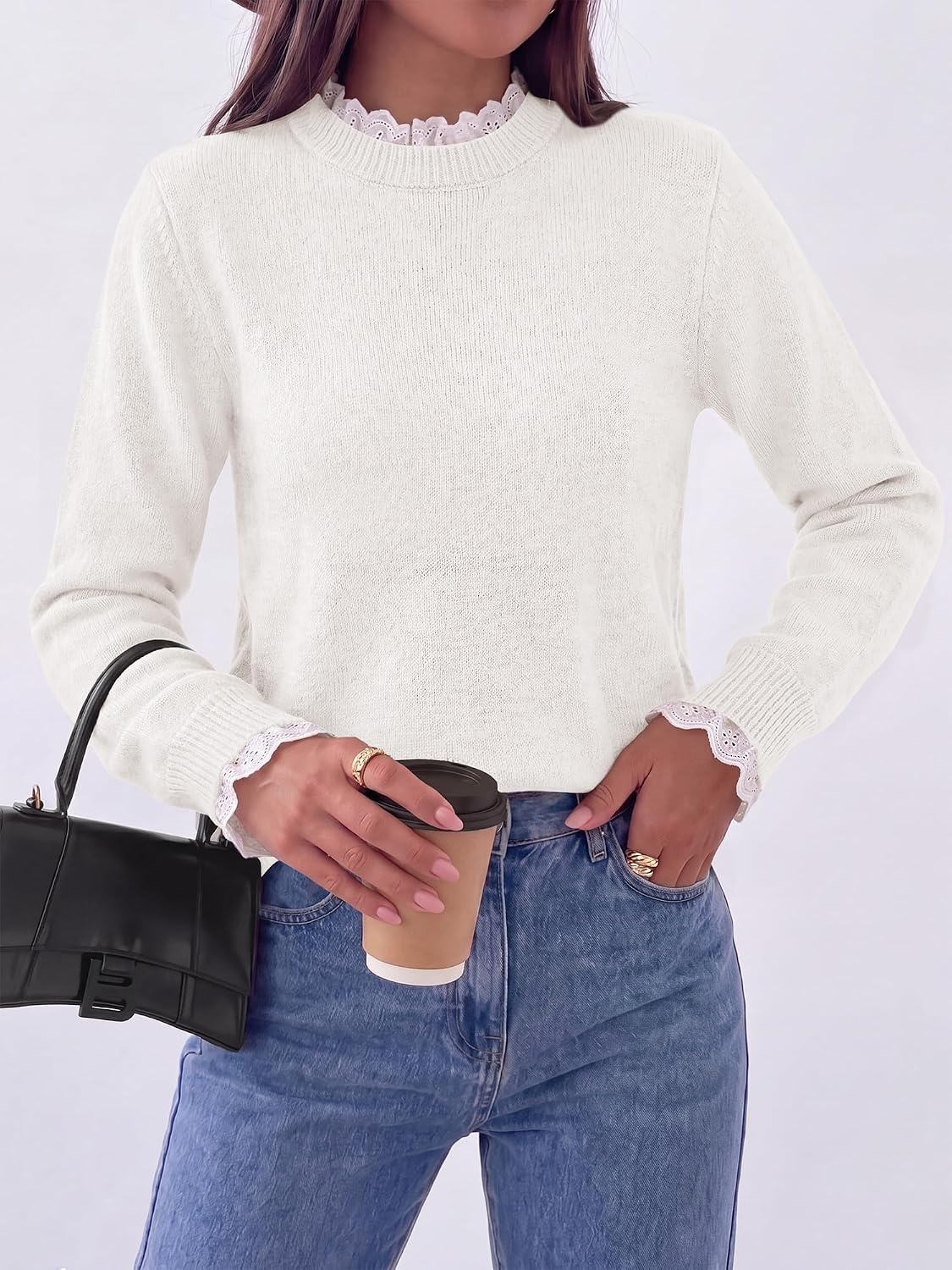 image:imageBTFBM Womens Sweaters Long Sleeve Crew Neck Lightweight Lace Sweater 2026 Fall Casual Loose Fit Solid Pullover Jumper TopsWhite