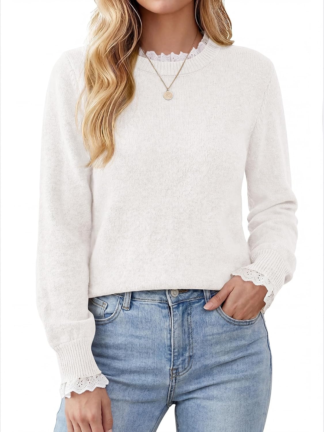 image:imageBTFBM Womens Sweaters Long Sleeve Crew Neck Lightweight Lace Sweater 2026 Fall Casual Loose Fit Solid Pullover Jumper TopsWhite