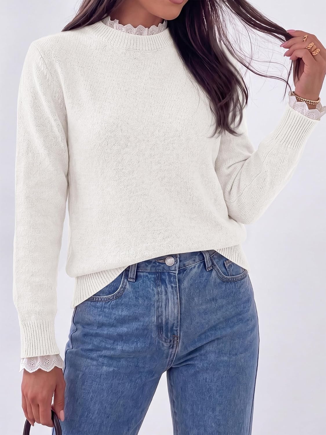 image:imageBTFBM Womens Sweaters Long Sleeve Crew Neck Lightweight Lace Sweater 2026 Fall Casual Loose Fit Solid Pullover Jumper TopsWhite