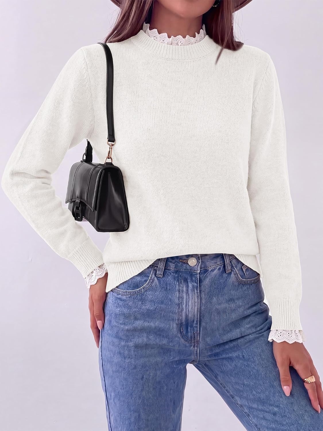 image:imageBTFBM Womens Sweaters Long Sleeve Crew Neck Lightweight Lace Sweater 2026 Fall Casual Loose Fit Solid Pullover Jumper TopsWhite