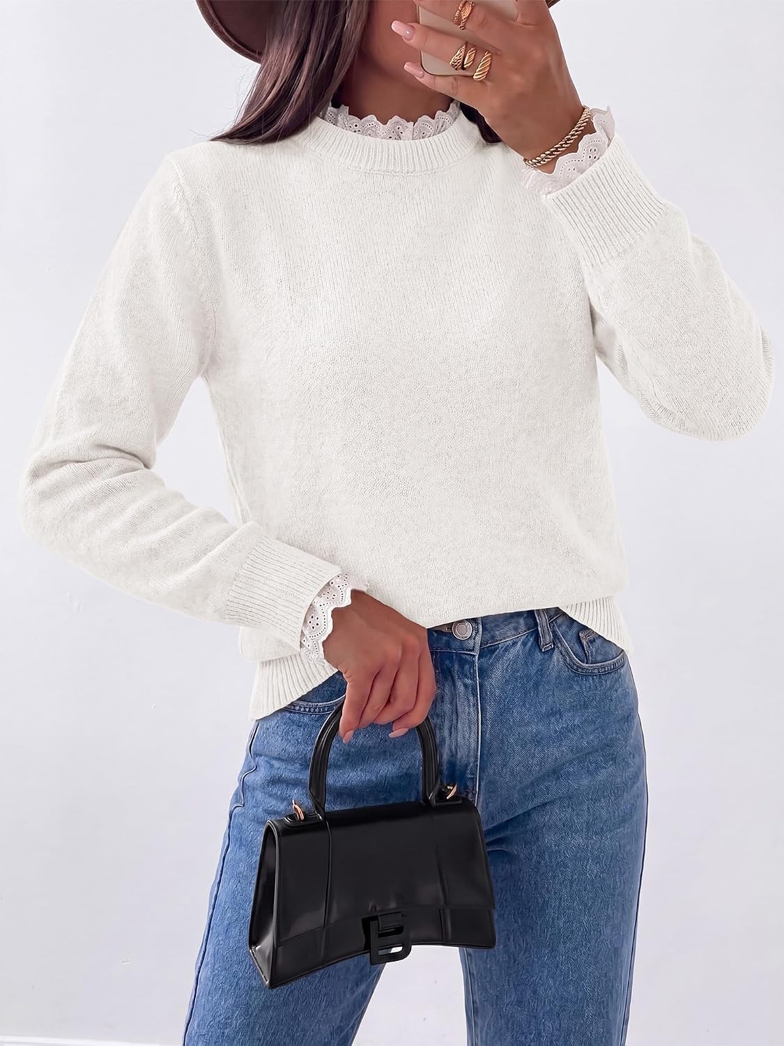 image:imageBTFBM Womens Sweaters Long Sleeve Crew Neck Lightweight Lace Sweater 2026 Fall Casual Loose Fit Solid Pullover Jumper TopsWhite