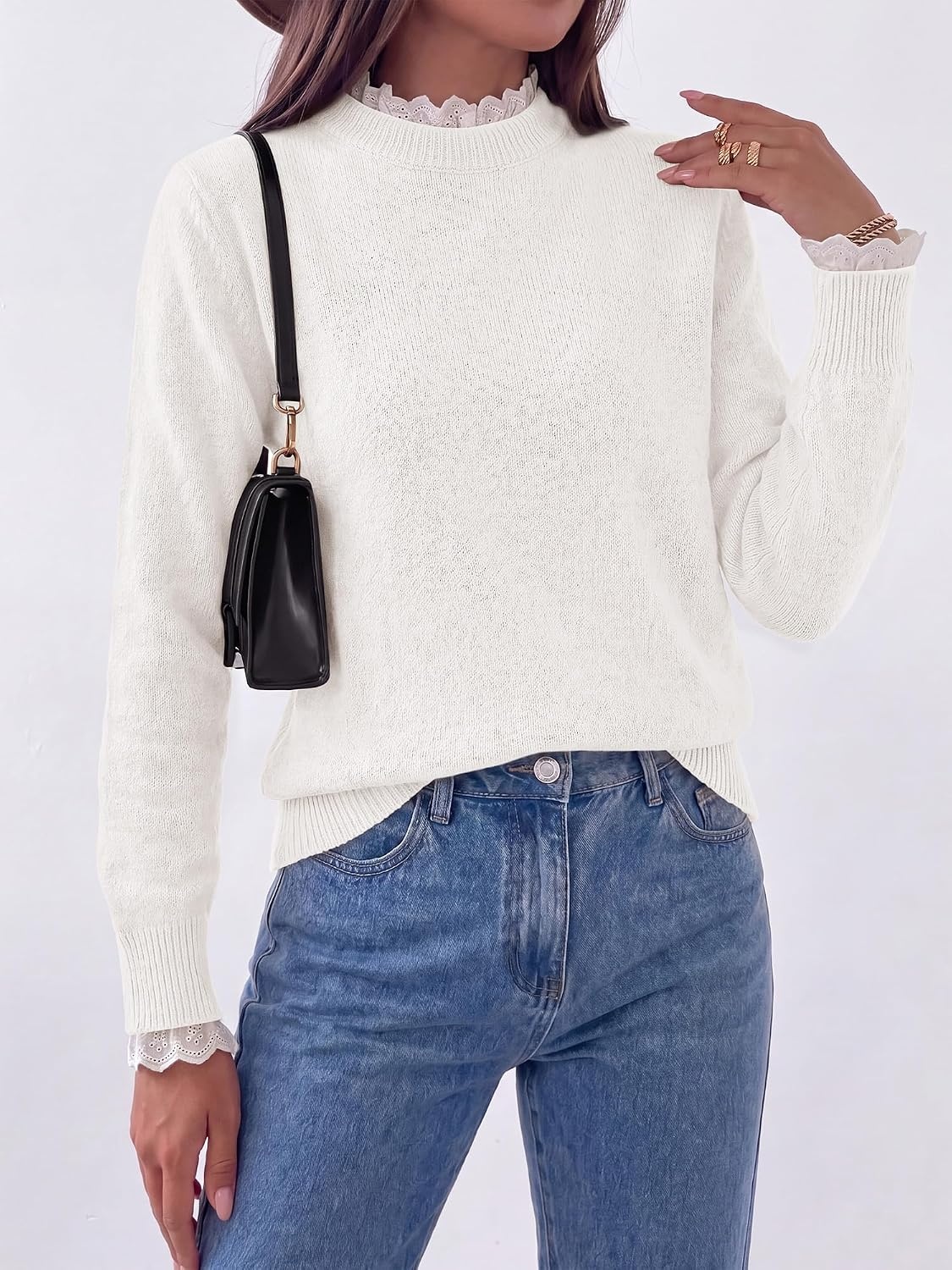 image:imageBTFBM Womens Sweaters Long Sleeve Crew Neck Lightweight Lace Sweater 2026 Fall Casual Loose Fit Solid Pullover Jumper TopsWhite