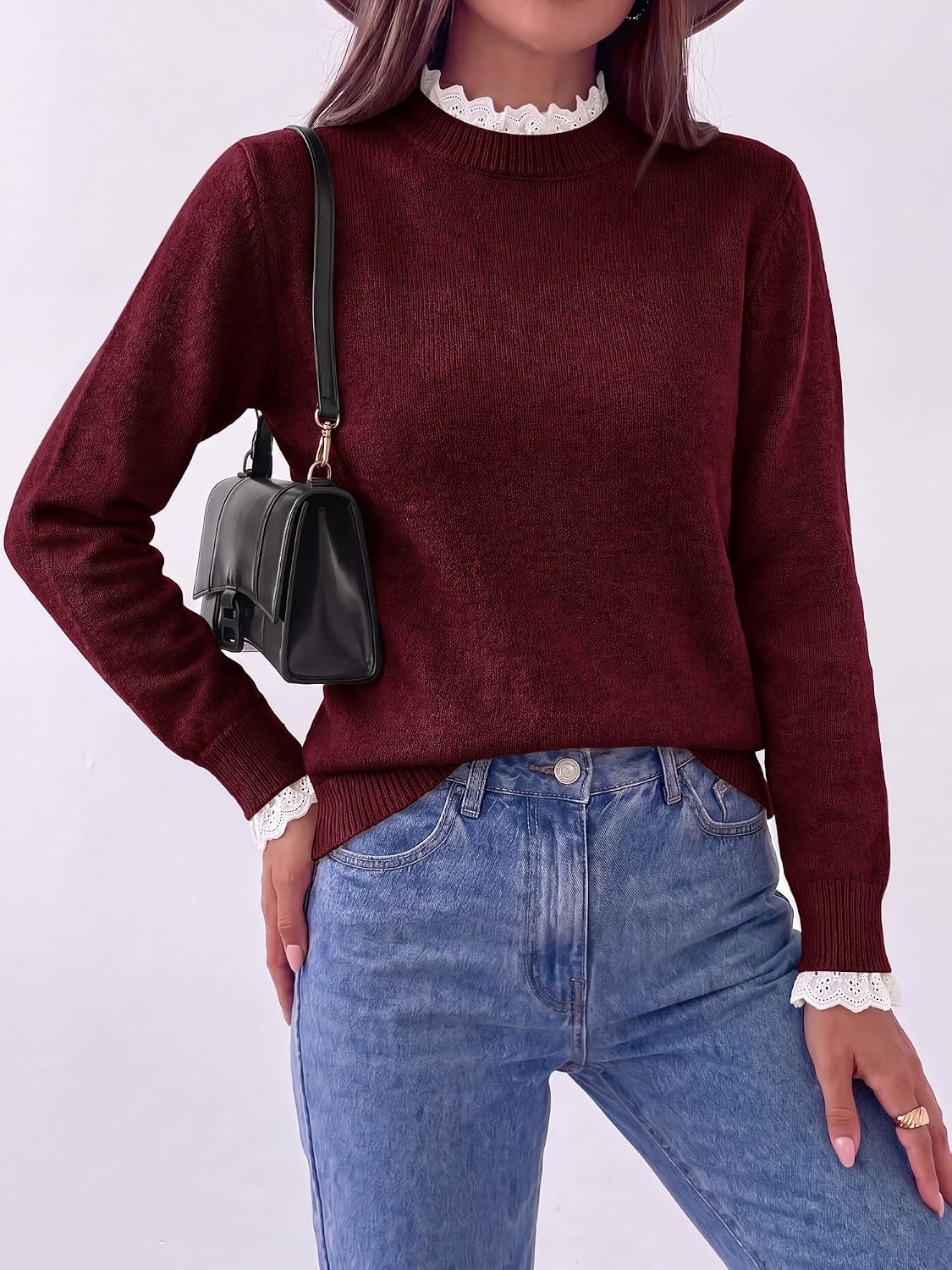 image:imageBTFBM Womens Sweaters Long Sleeve Crew Neck Lightweight Lace Sweater 2026 Fall Casual Loose Fit Solid Pullover Jumper TopsWine Red