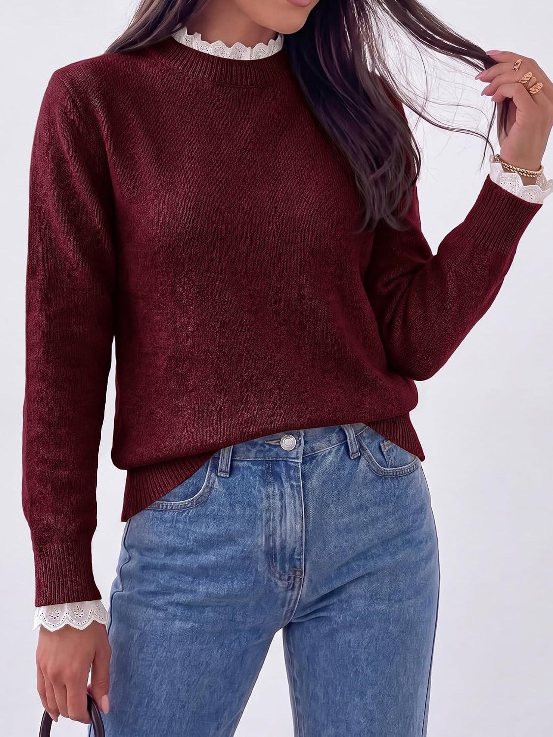 image:imageBTFBM Womens Sweaters Long Sleeve Crew Neck Lightweight Lace Sweater 2026 Fall Casual Loose Fit Solid Pullover Jumper TopsWine Red