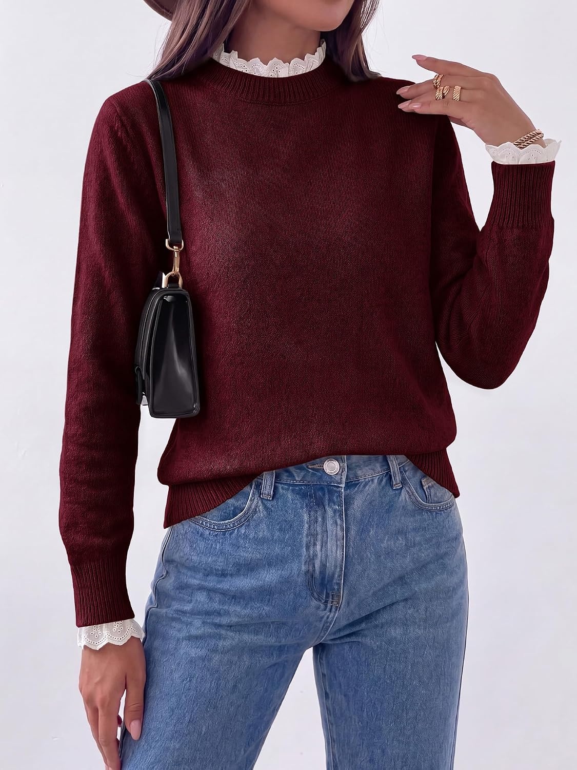 image:imageBTFBM Womens Sweaters Long Sleeve Crew Neck Lightweight Lace Sweater 2026 Fall Casual Loose Fit Solid Pullover Jumper TopsWine Red