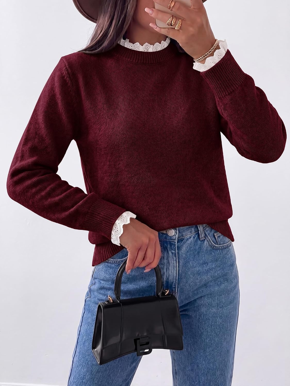 image:imageBTFBM Womens Sweaters Long Sleeve Crew Neck Lightweight Lace Sweater 2026 Fall Casual Loose Fit Solid Pullover Jumper TopsWine Red