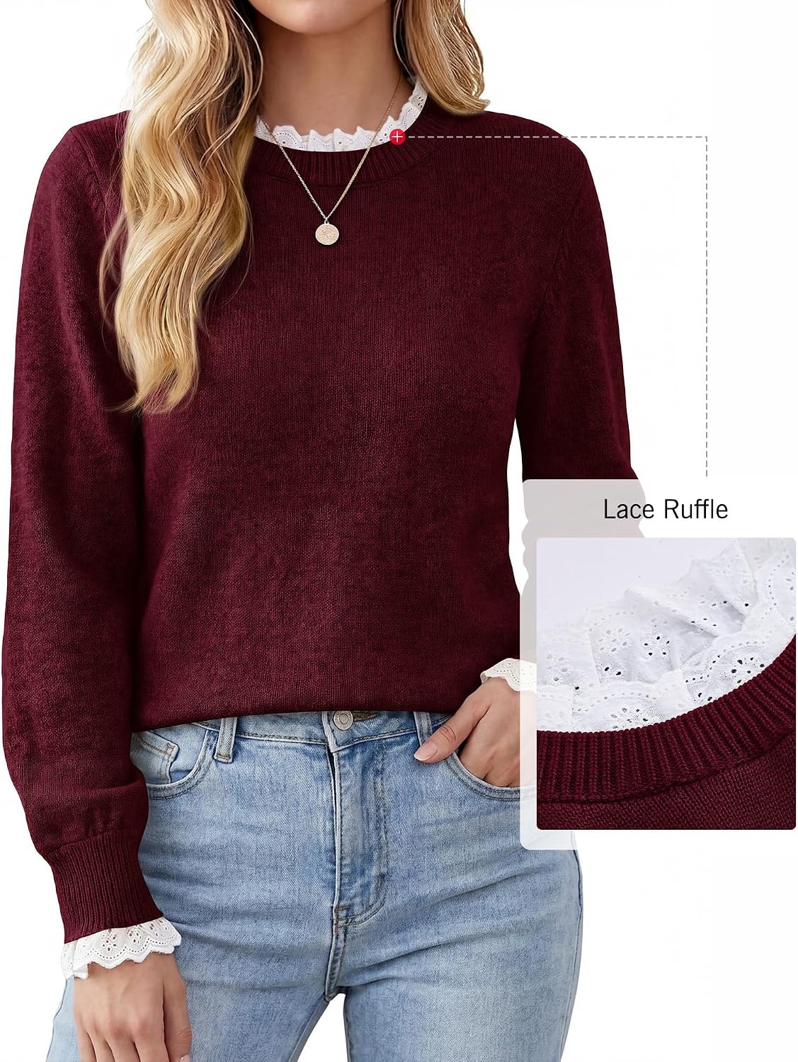 image:imageBTFBM Womens Sweaters Long Sleeve Crew Neck Lightweight Lace Sweater 2026 Fall Casual Loose Fit Solid Pullover Jumper TopsWine Red