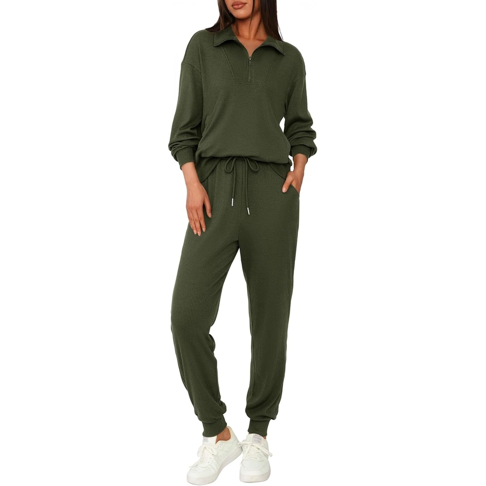 image:imageBTFBM Womens 2 Piece Tracksuit Fall Outfits 2026 Long Sleeve Half Zip Sweatshirt Sweatpants Lounge Set SweatsuitsSolid Army Green