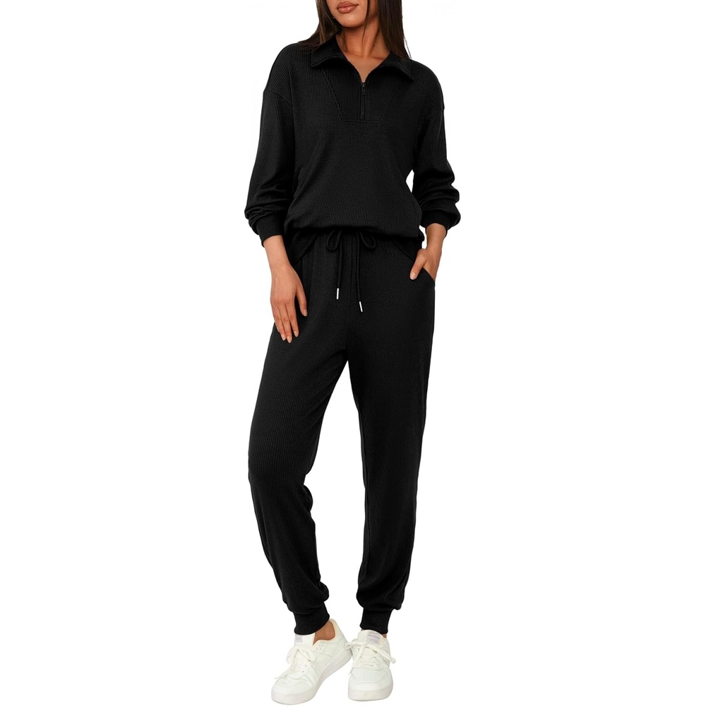 image:imageBTFBM Womens 2 Piece Tracksuit Fall Outfits 2026 Long Sleeve Half Zip Sweatshirt Sweatpants Lounge Set SweatsuitsSolid Black