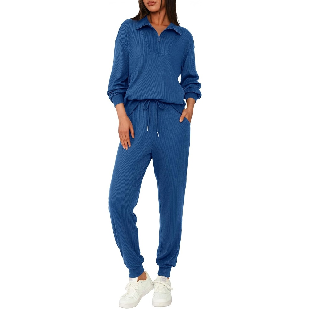 image:imageBTFBM Womens 2 Piece Tracksuit Fall Outfits 2026 Long Sleeve Half Zip Sweatshirt Sweatpants Lounge Set SweatsuitsSolid Dark Blue