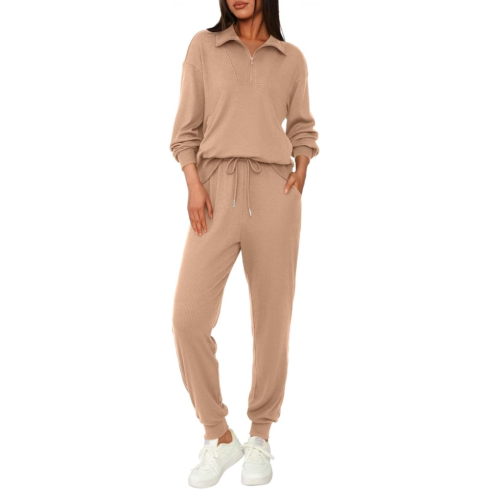 image:imageBTFBM Womens 2 Piece Tracksuit Fall Outfits 2026 Long Sleeve Half Zip Sweatshirt Sweatpants Lounge Set SweatsuitsSolid Khaki