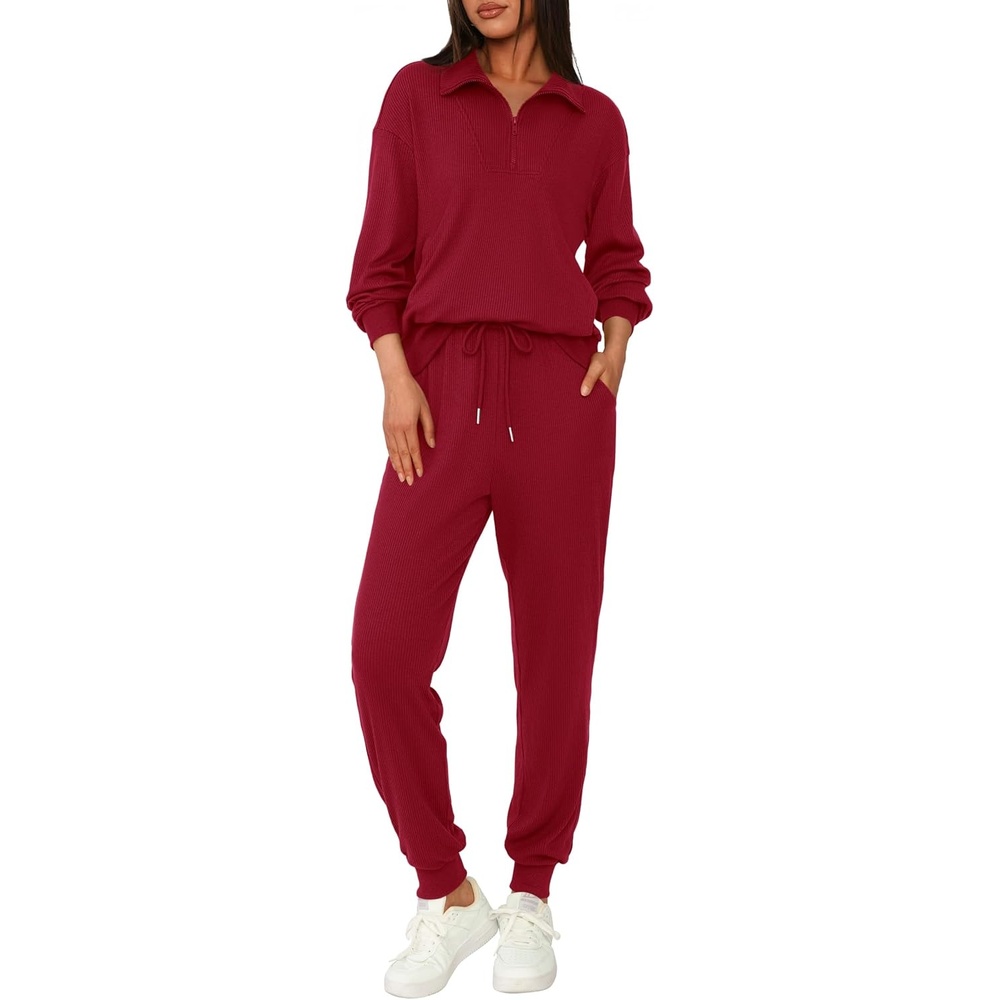 image:imageBTFBM Womens 2 Piece Tracksuit Fall Outfits 2026 Long Sleeve Half Zip Sweatshirt Sweatpants Lounge Set SweatsuitsSolid Wine Red