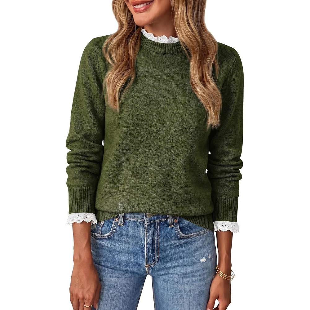 image:imageBTFBM Womens Sweaters Long Sleeve Crew Neck Lightweight Lace Sweater 2026 Fall Casual Loose Fit Solid Pullover Jumper TopsArmy Green