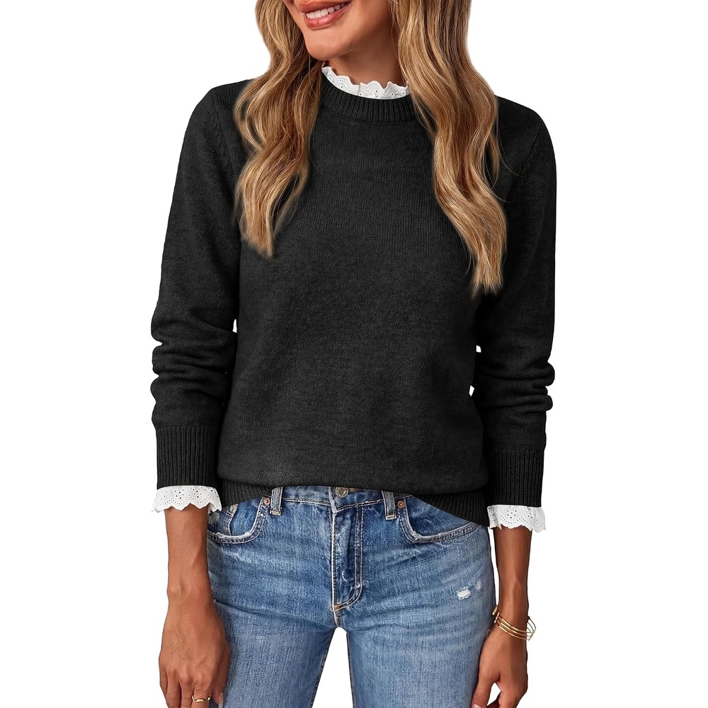 image:imageBTFBM Womens Sweaters Long Sleeve Crew Neck Lightweight Lace Sweater 2026 Fall Casual Loose Fit Solid Pullover Jumper TopsBlack
