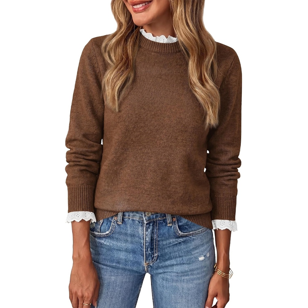 image:imageBTFBM Womens Sweaters Long Sleeve Crew Neck Lightweight Lace Sweater 2026 Fall Casual Loose Fit Solid Pullover Jumper TopsBrown