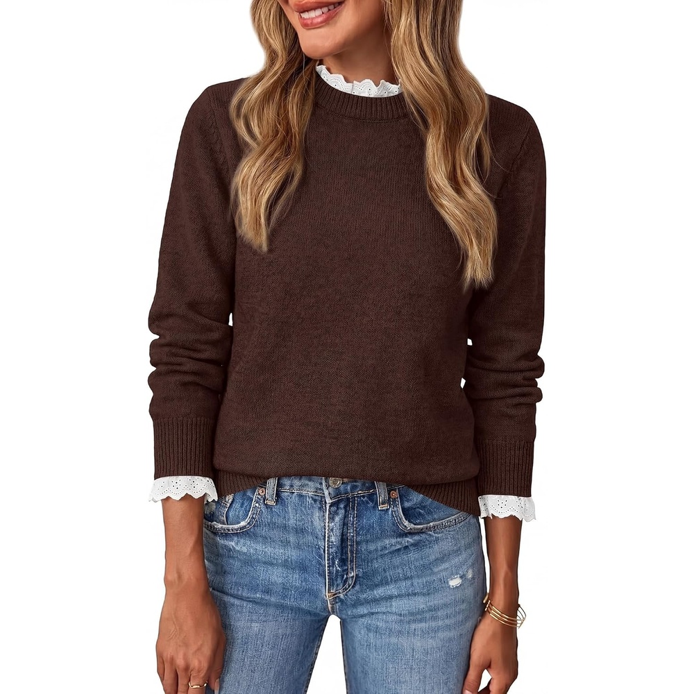 image:imageBTFBM Womens Sweaters Long Sleeve Crew Neck Lightweight Lace Sweater 2026 Fall Casual Loose Fit Solid Pullover Jumper TopsDark Brown
