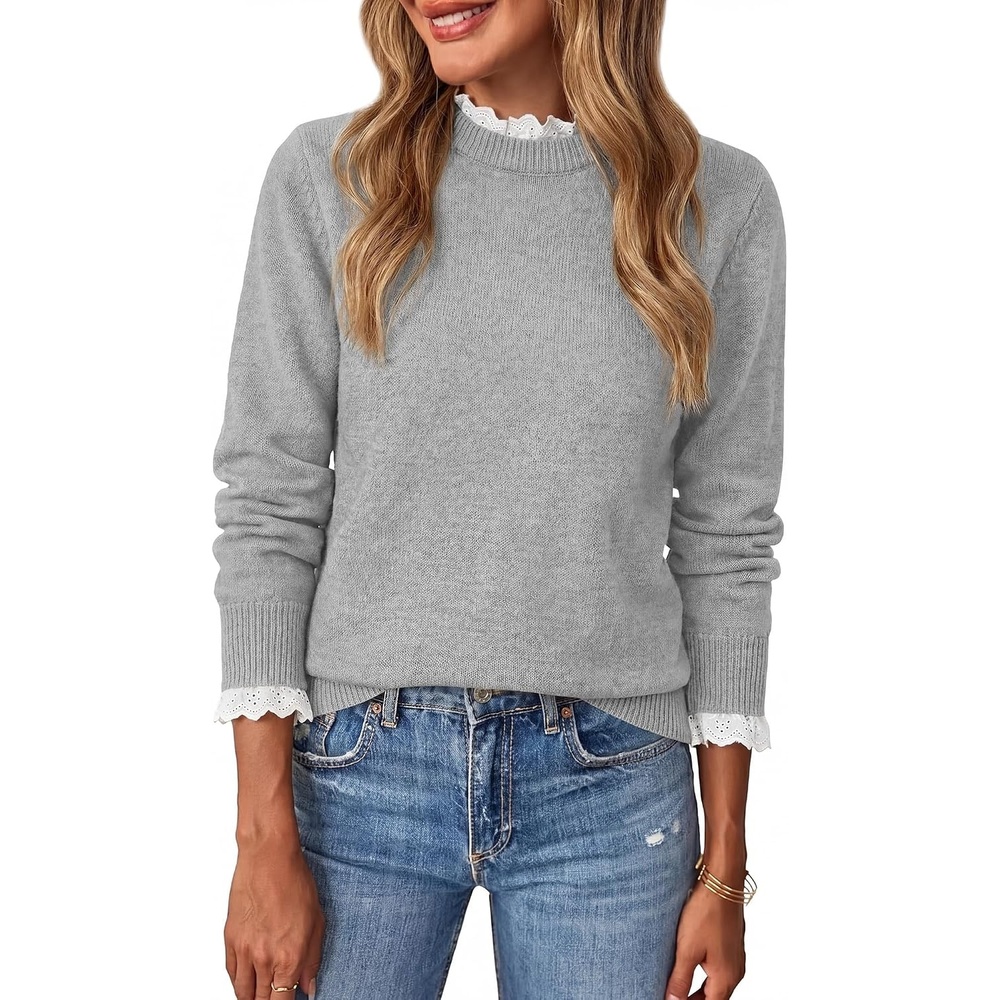 image:imageBTFBM Womens Sweaters Long Sleeve Crew Neck Lightweight Lace Sweater 2026 Fall Casual Loose Fit Solid Pullover Jumper TopsGrey