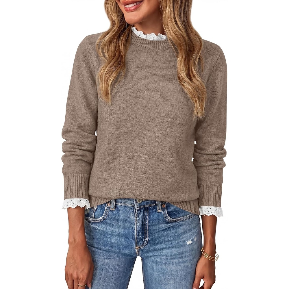 image:imageBTFBM Womens Sweaters Long Sleeve Crew Neck Lightweight Lace Sweater 2026 Fall Casual Loose Fit Solid Pullover Jumper TopsGrey Khaki