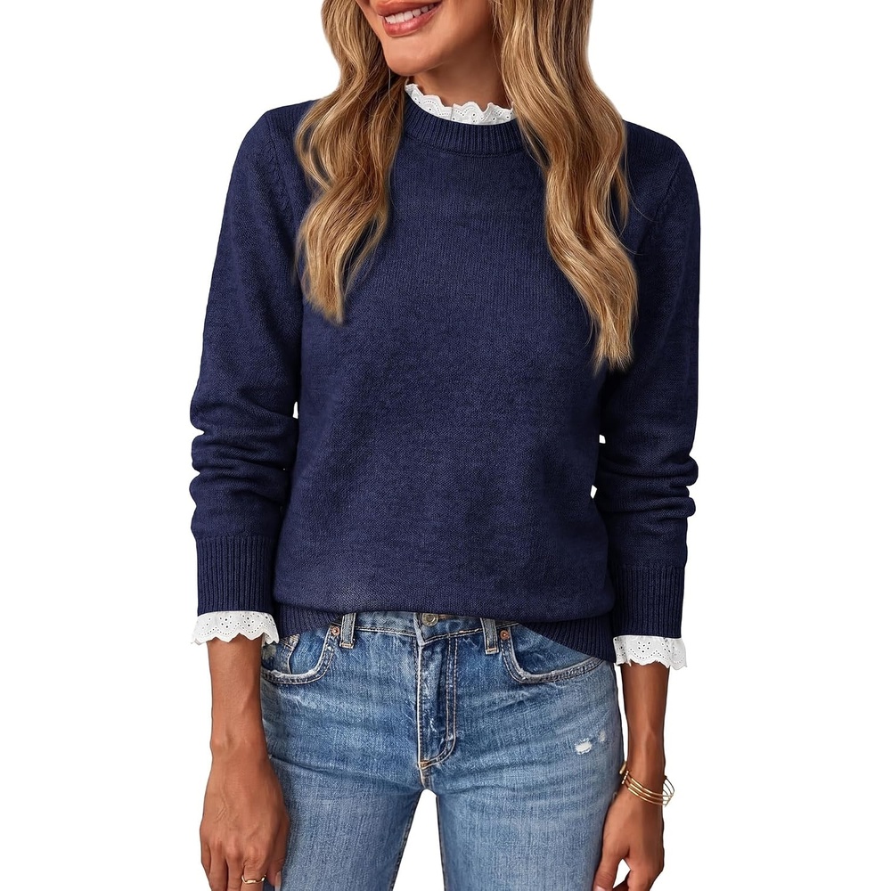 image:imageBTFBM Womens Sweaters Long Sleeve Crew Neck Lightweight Lace Sweater 2026 Fall Casual Loose Fit Solid Pullover Jumper TopsNavy