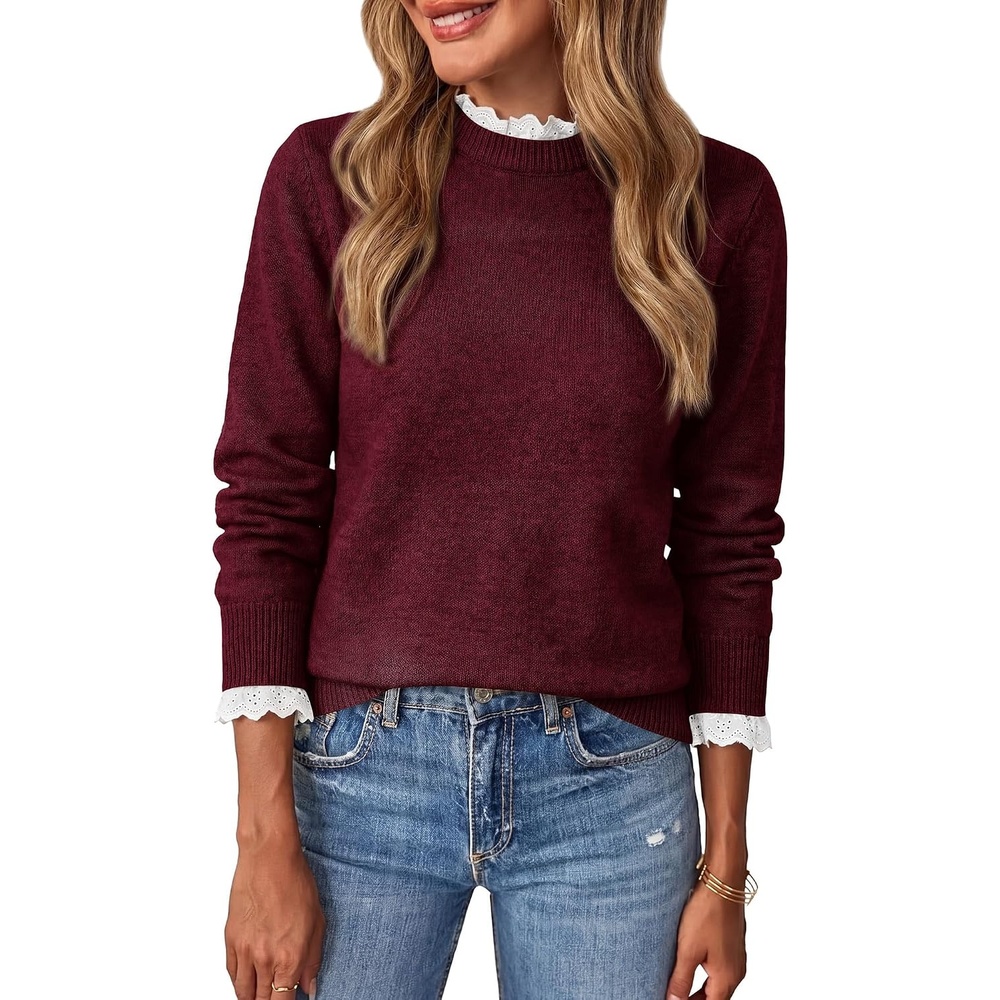 image:imageBTFBM Womens Sweaters Long Sleeve Crew Neck Lightweight Lace Sweater 2026 Fall Casual Loose Fit Solid Pullover Jumper TopsWine Red