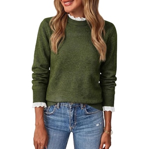 BTFBM Womens Sweaters Long Sleeve Crew Neck Lightweight Lace Sweater 2026 Fall Casual Loose Fit Solid Pullover Jumper Tops(Army Green)